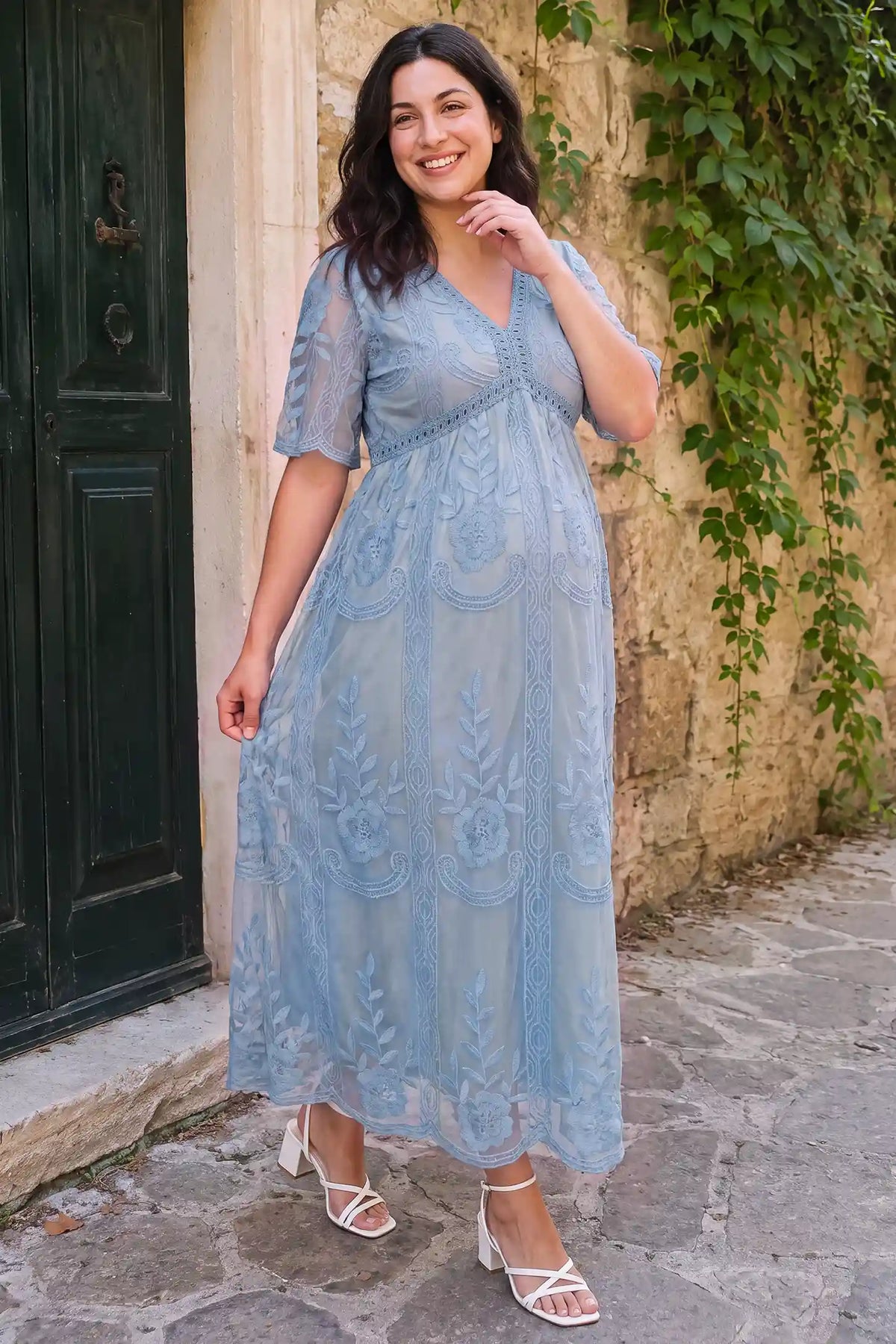 Lace Short Sheer Sleeve Maternity Maxi Dress