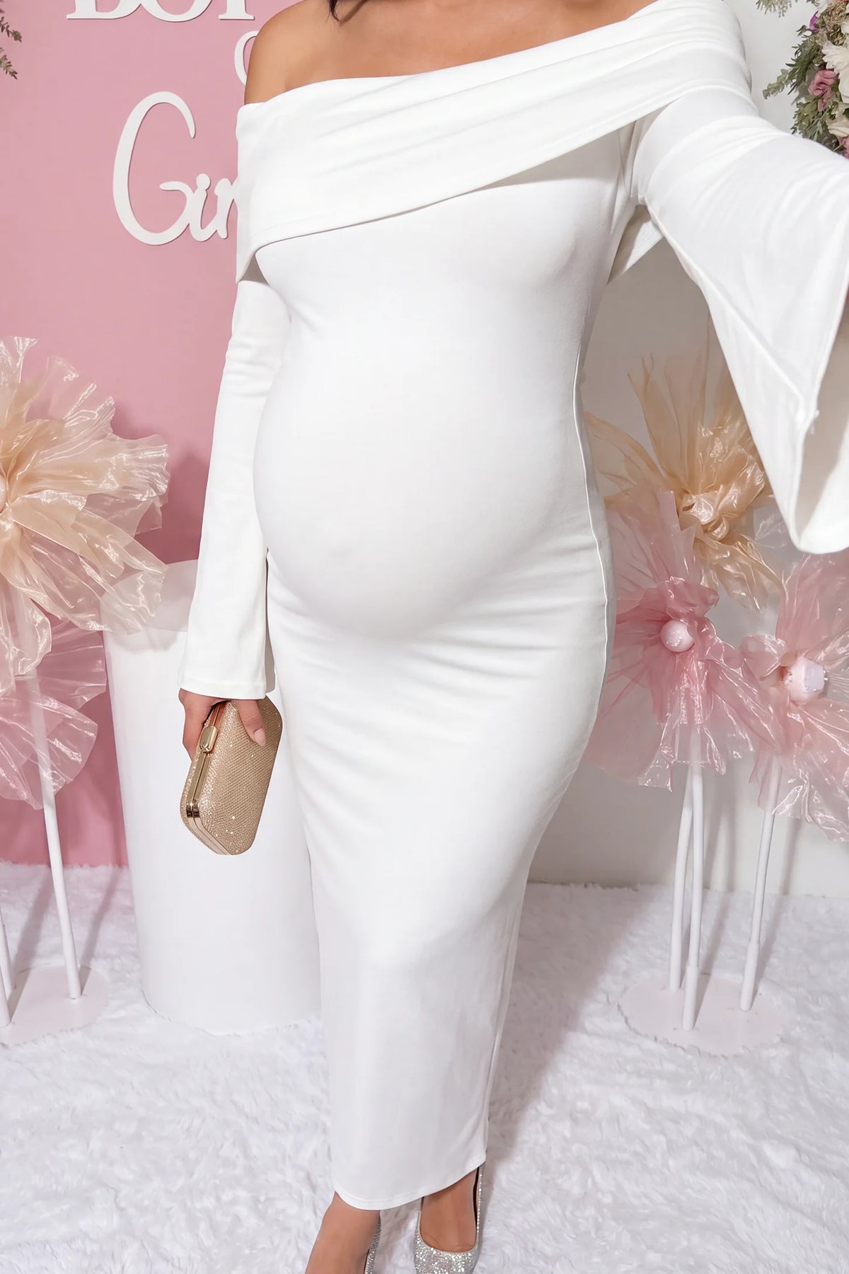 Ruched Off-shoulder Bodycon Maternity Midi Dress