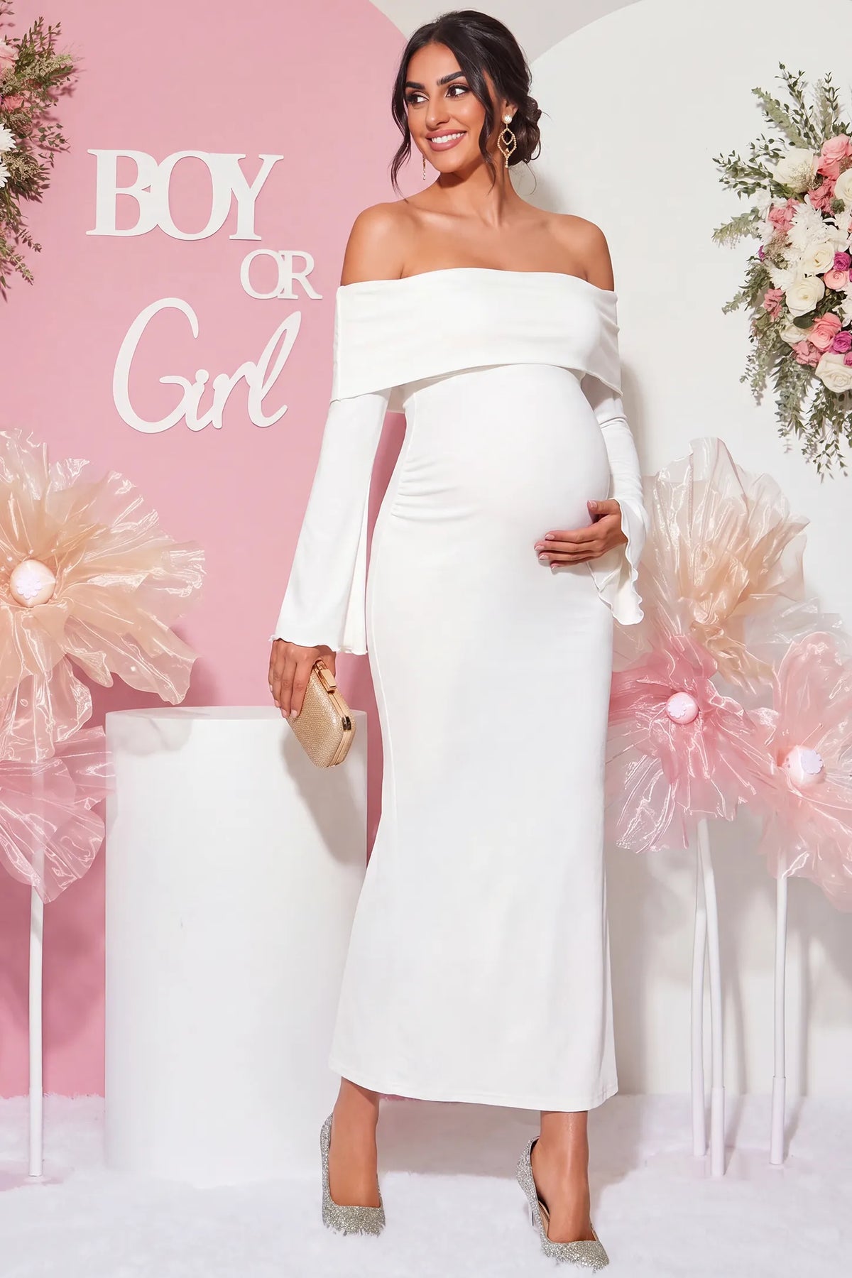 Ruched Off-shoulder Bodycon Maternity Midi Dress