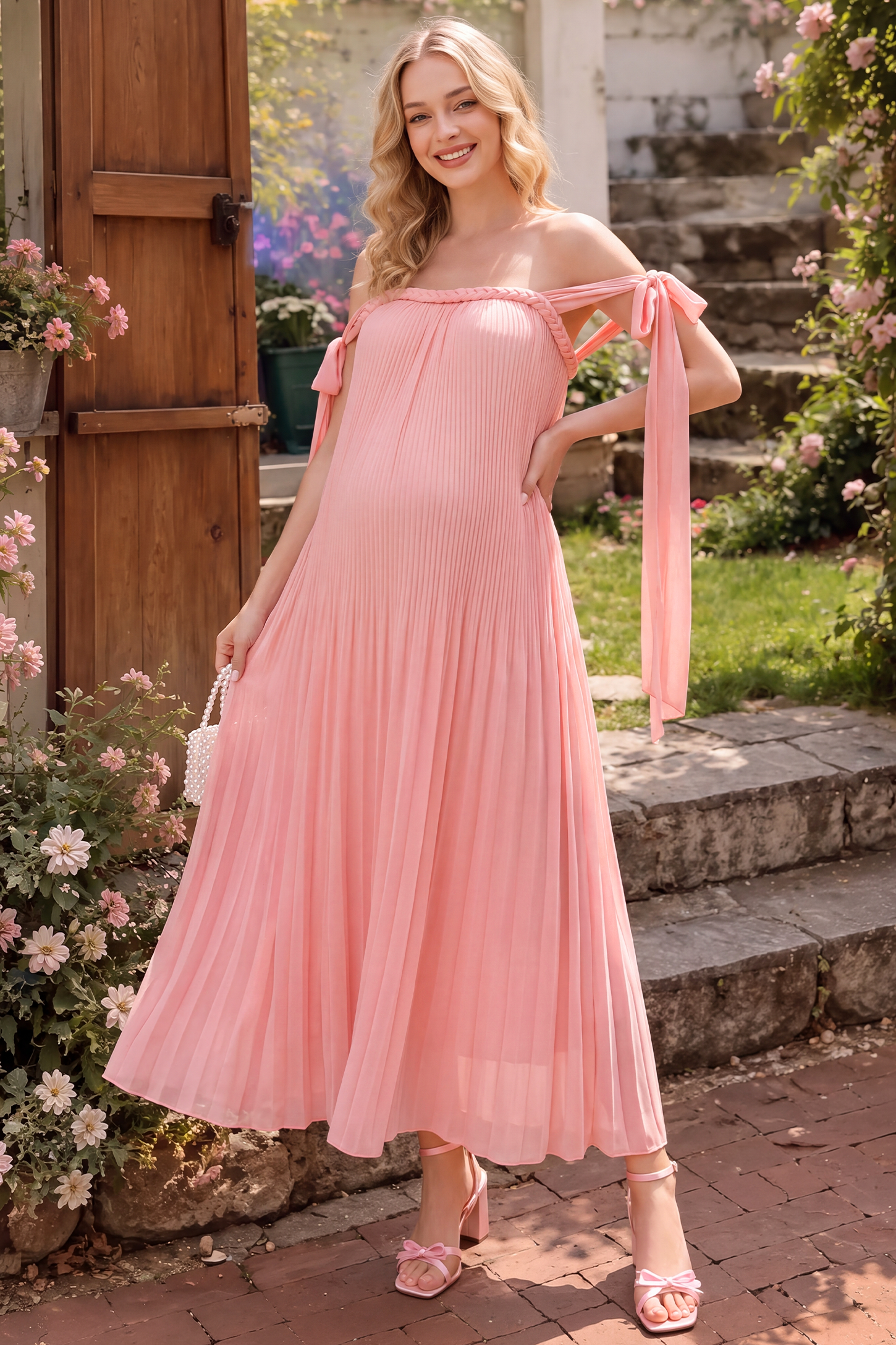 Pleated Braided Cold-Shoulder Maxi Maternity Gown