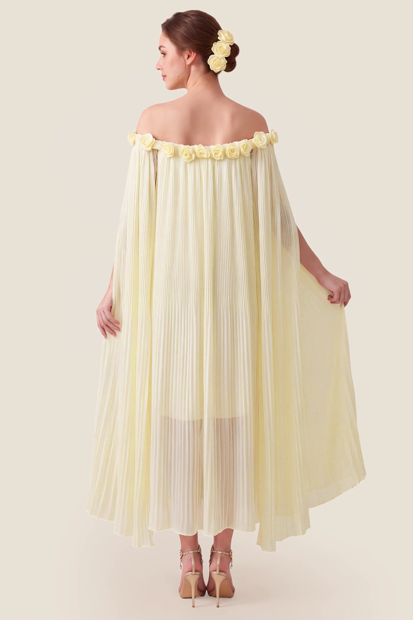 Pleated Off-Shoulder Maternity Gown with Rosettes