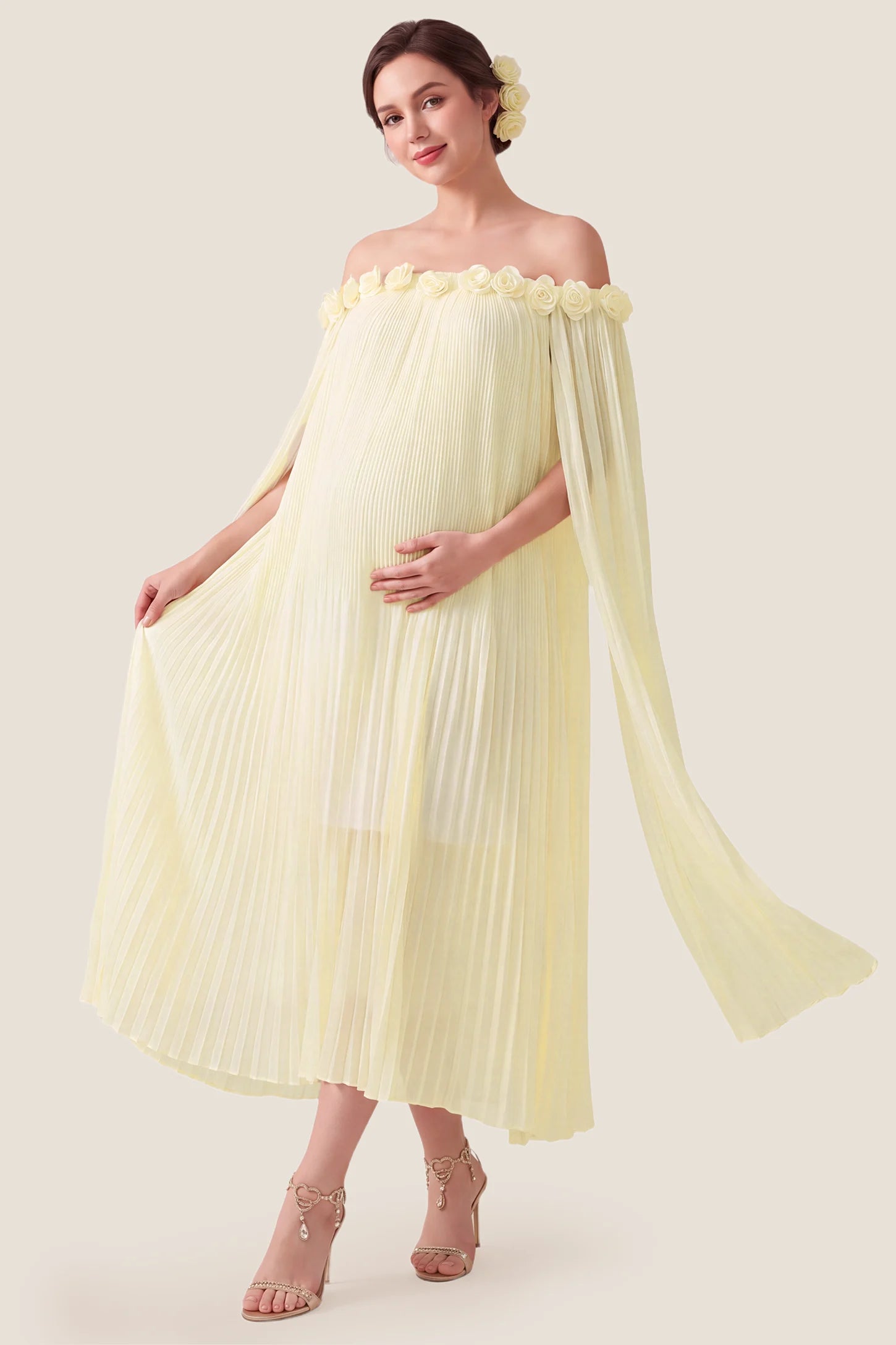Pleated Off-Shoulder Maternity Gown with Rosettes