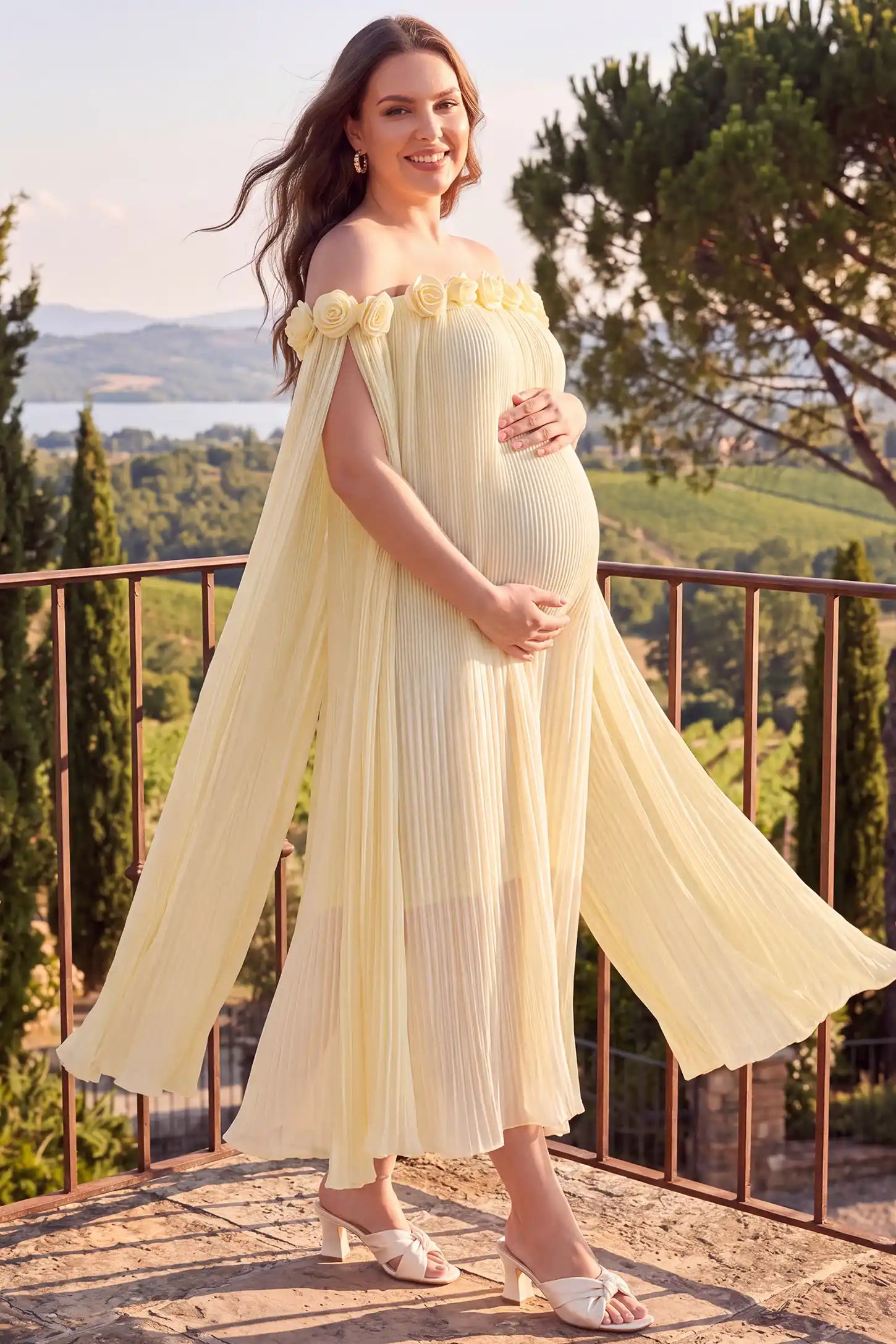 Pleated Off-Shoulder Maternity Gown with Rosettes