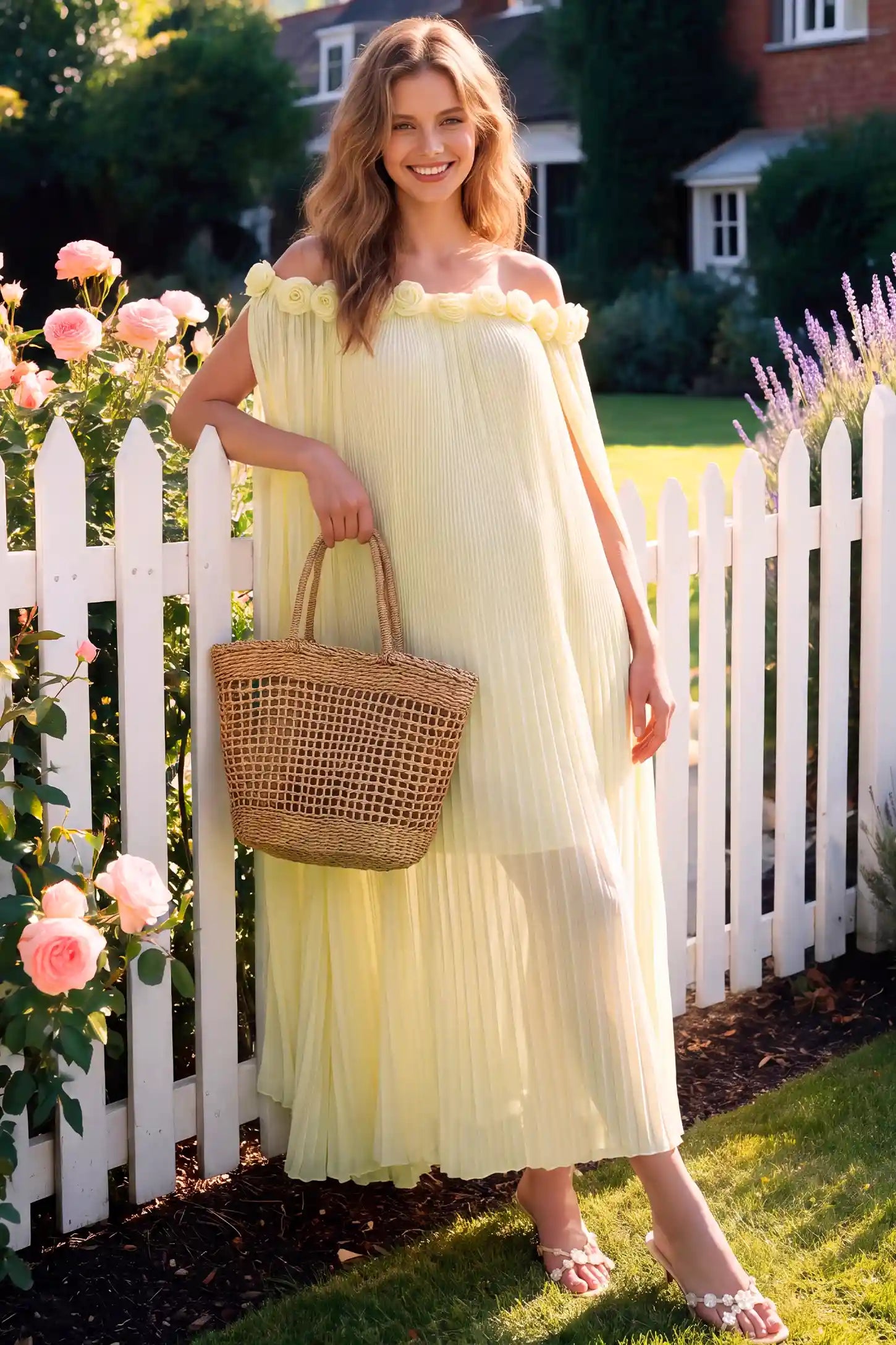 Pleated Off-Shoulder Maternity Gown with Rosettes