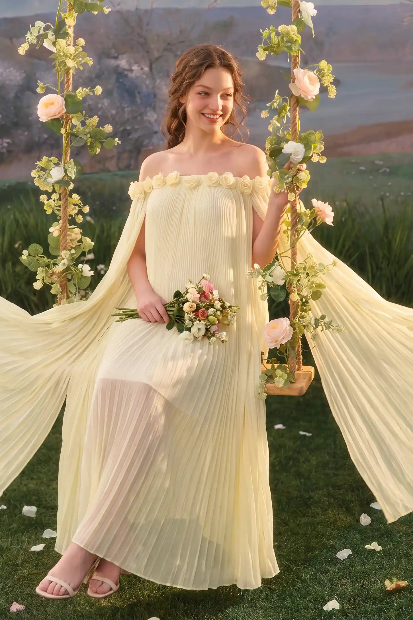 Pleated Off-Shoulder Maternity Gown with Rosettes