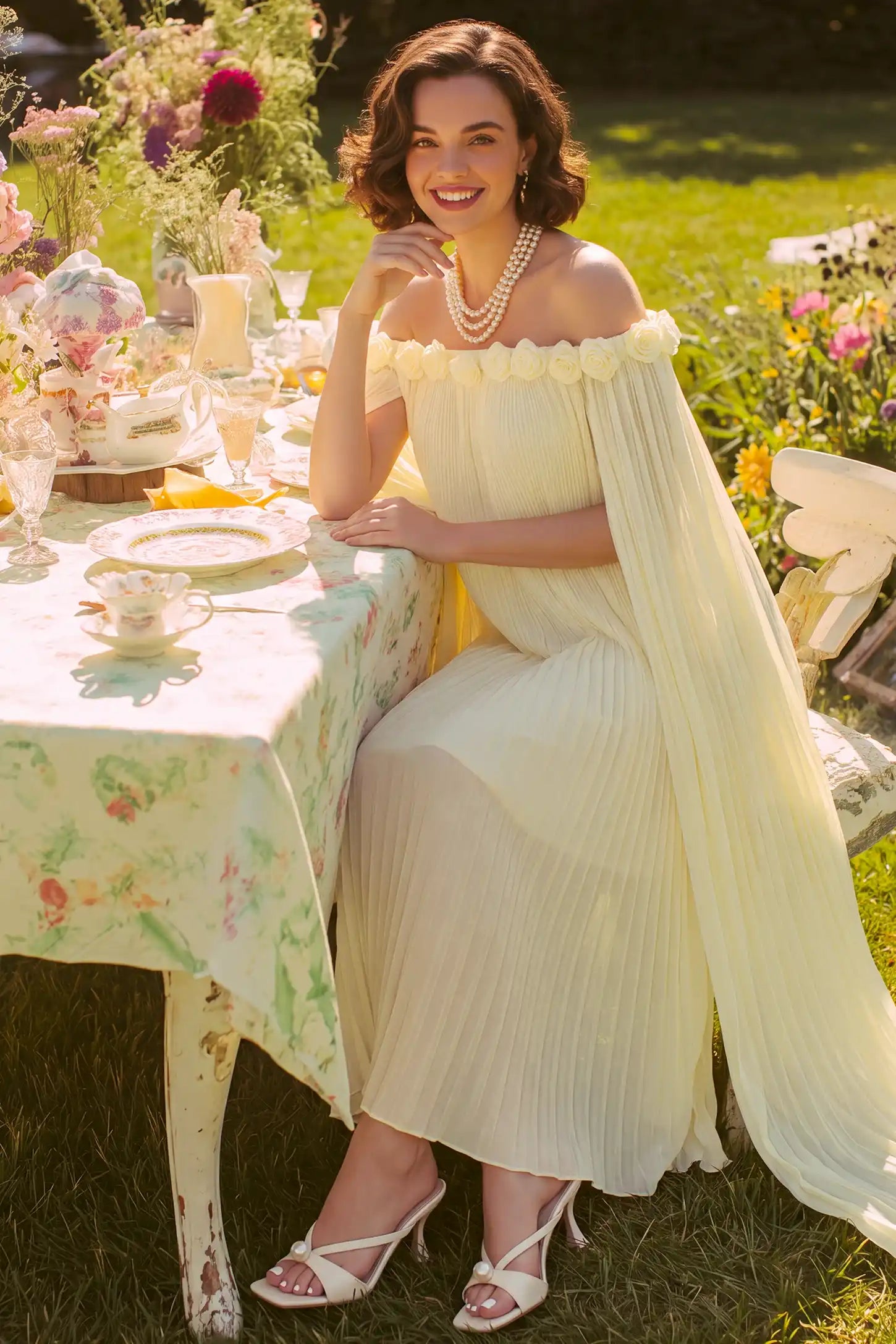 Pleated Off-Shoulder Maternity Gown with Rosettes