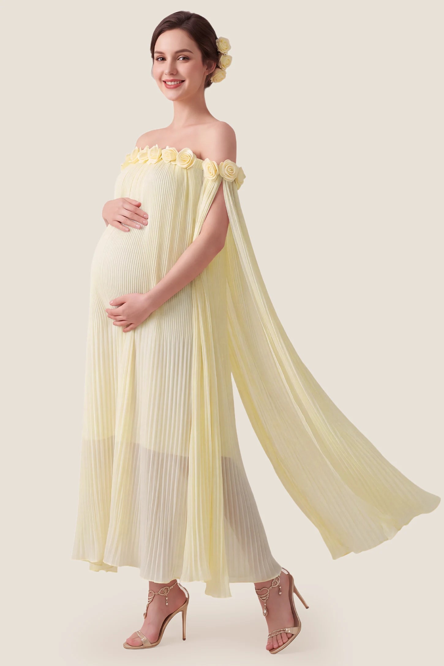 Pleated Off-Shoulder Maternity Gown with Rosettes