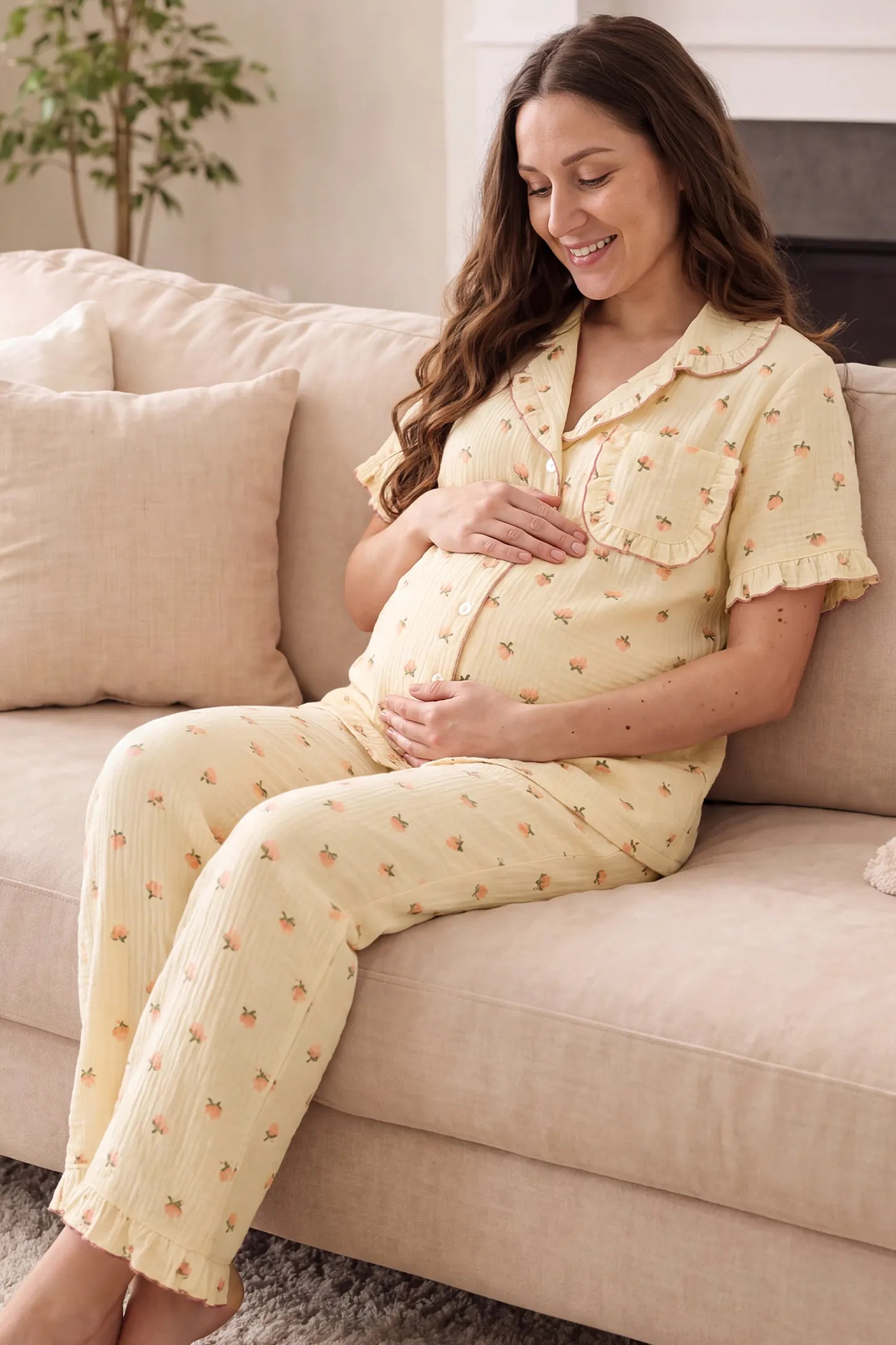 Kapok Flower Floral Cotton Maternity Pajama Set with Shorts & Pants