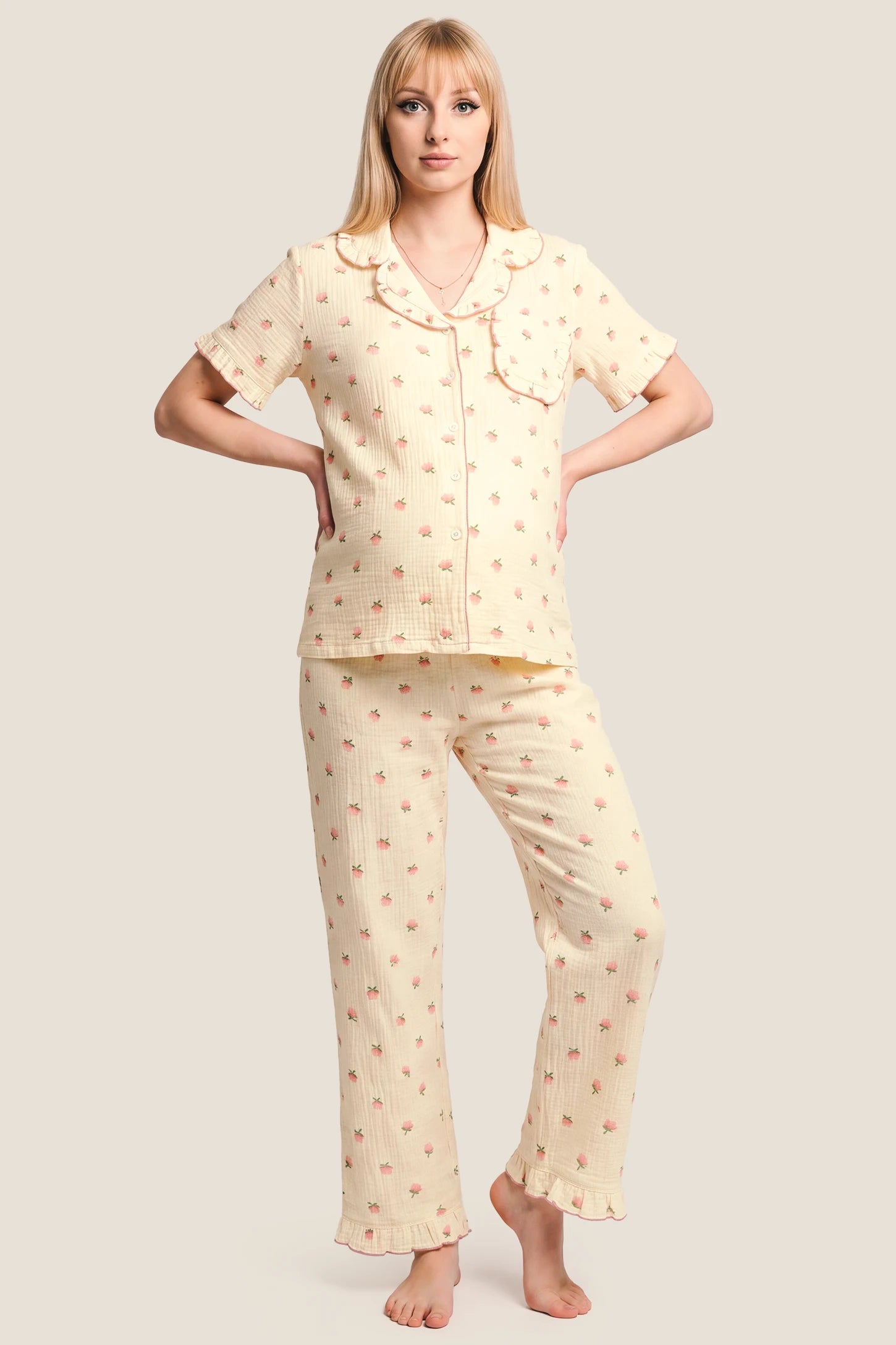 Kapok Flower Floral Cotton Maternity Pajama Set with Shorts & Pants