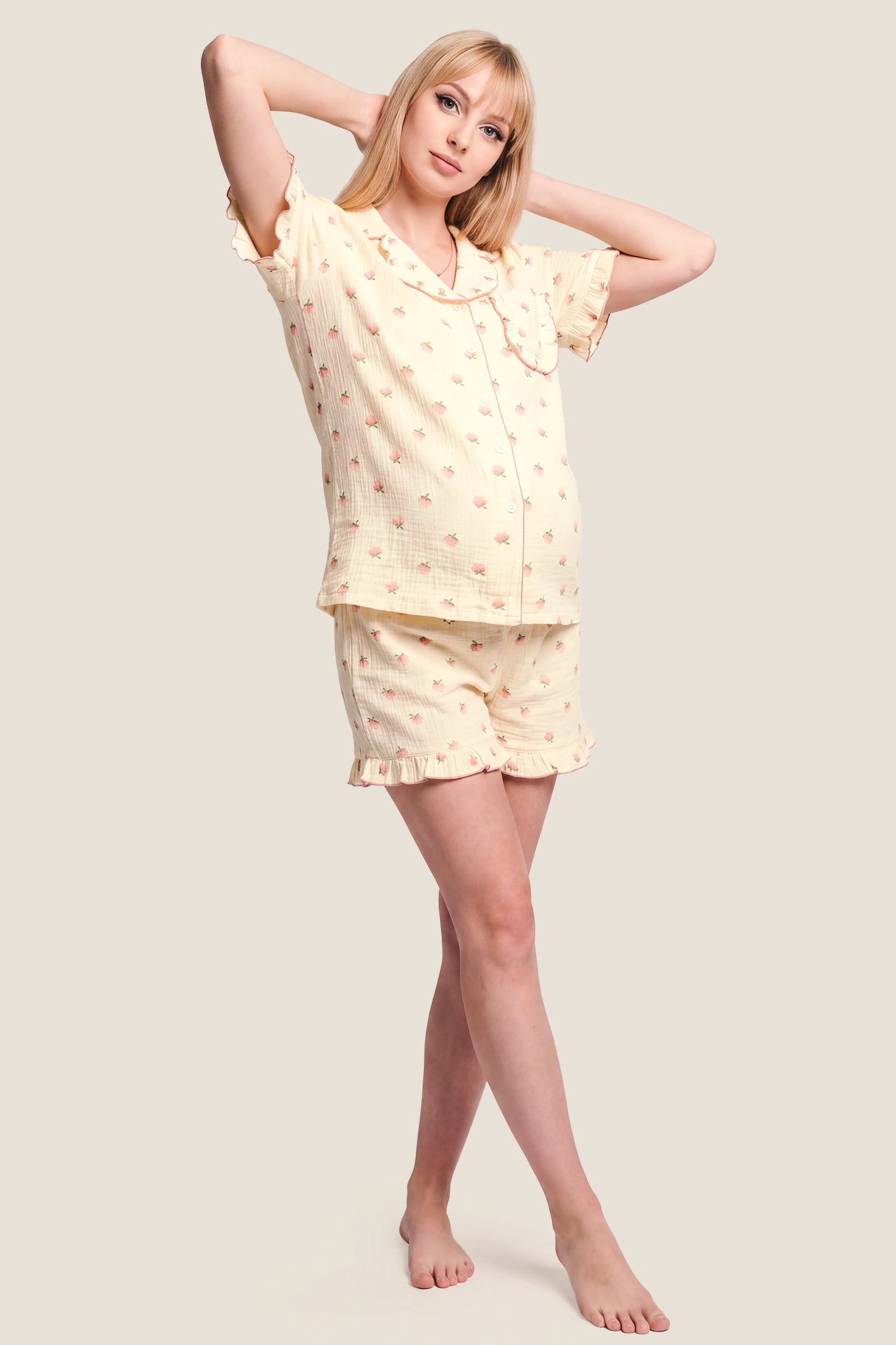Kapok Flower Floral Cotton Maternity Pajama Set with Shorts & Pants