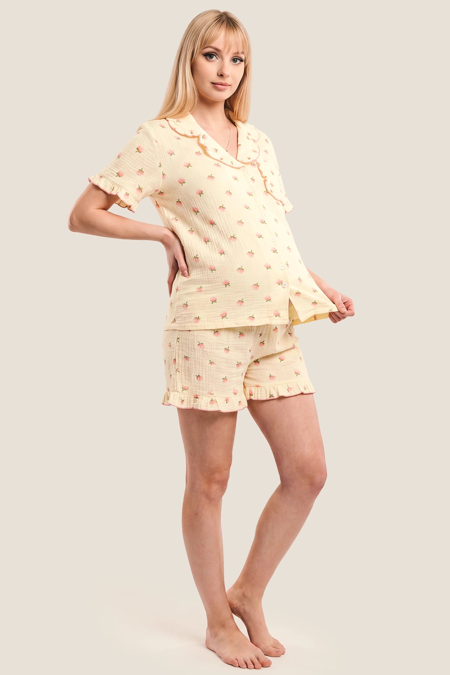 Kapok Flower Floral Cotton Maternity Pajama Set with Shorts & Pants
