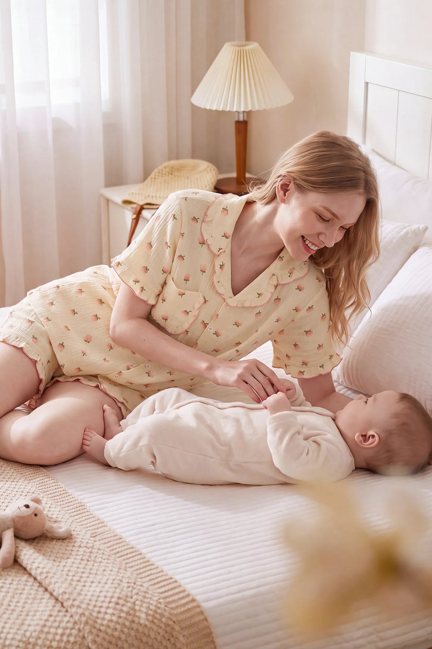 Kapok Flower Floral Cotton Maternity Pajama Set with Shorts & Pants