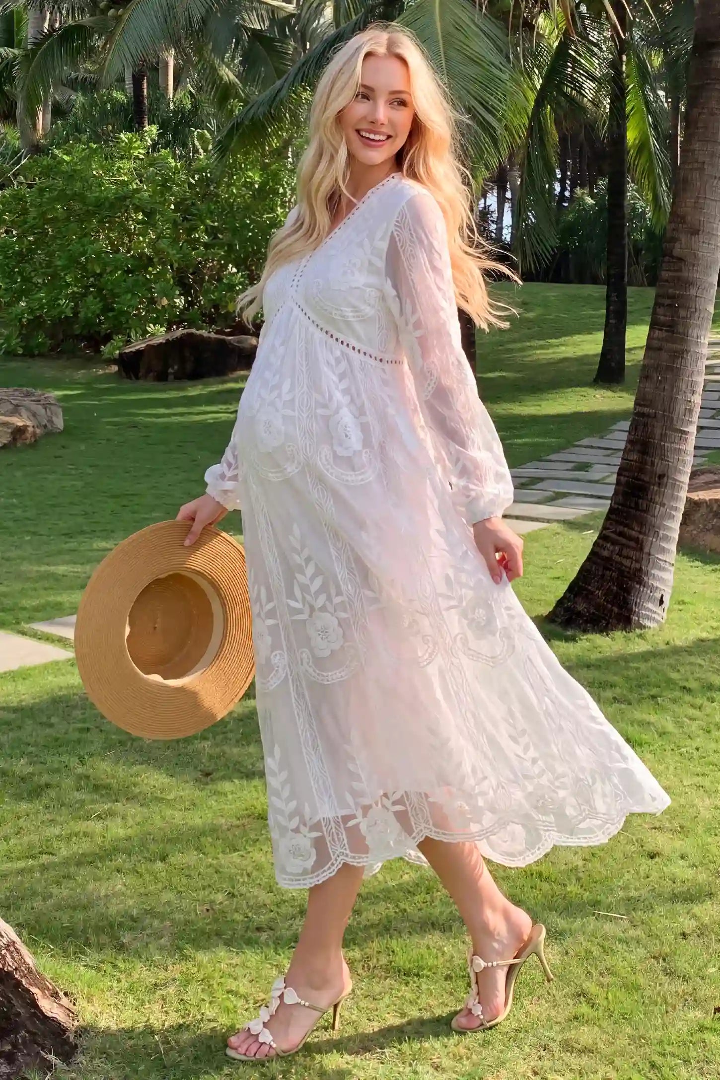 V-Neck Long Sleeve Lace Maternity Dress