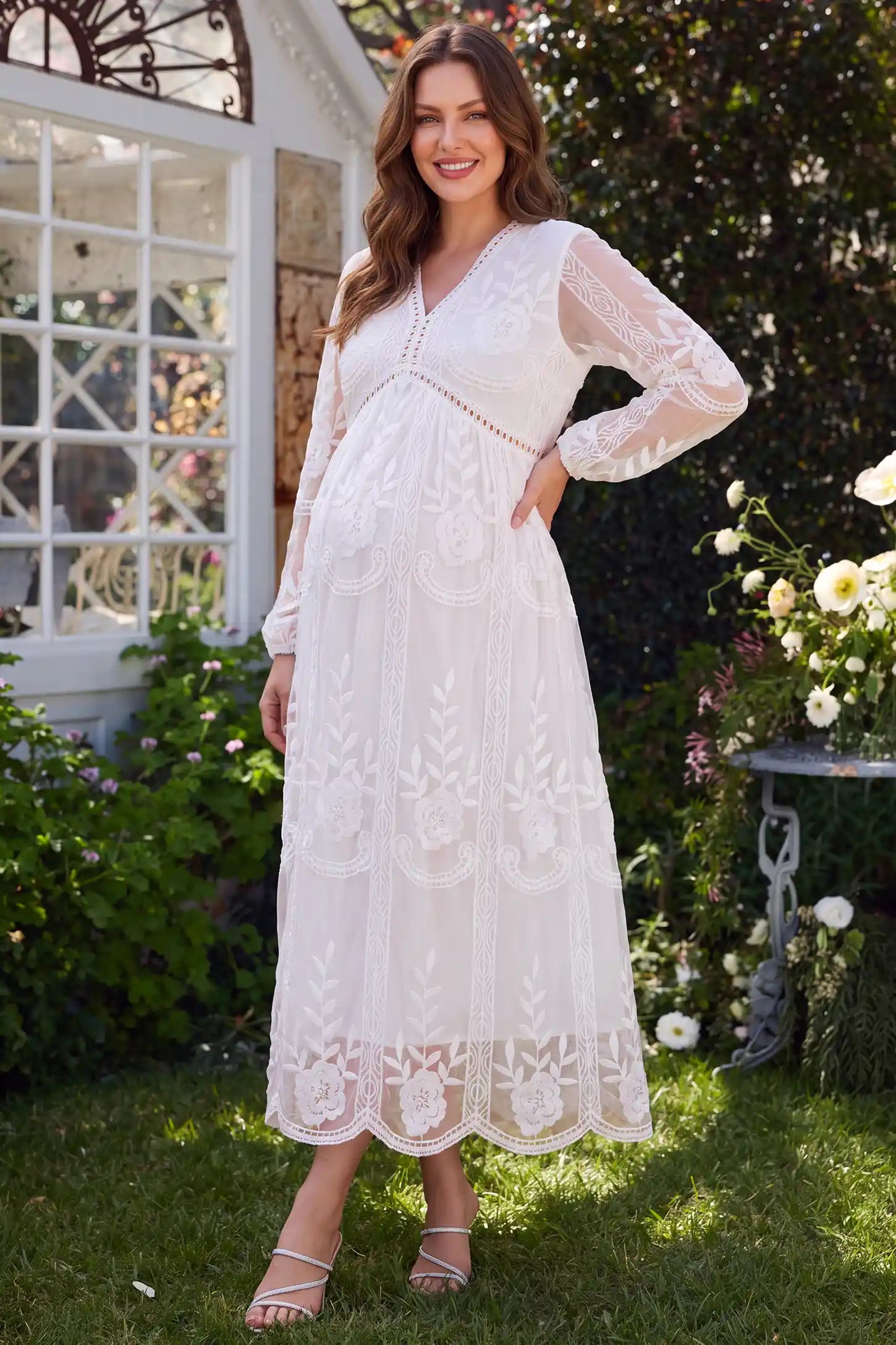 V-Neck Long Sleeve Lace Maternity Dress