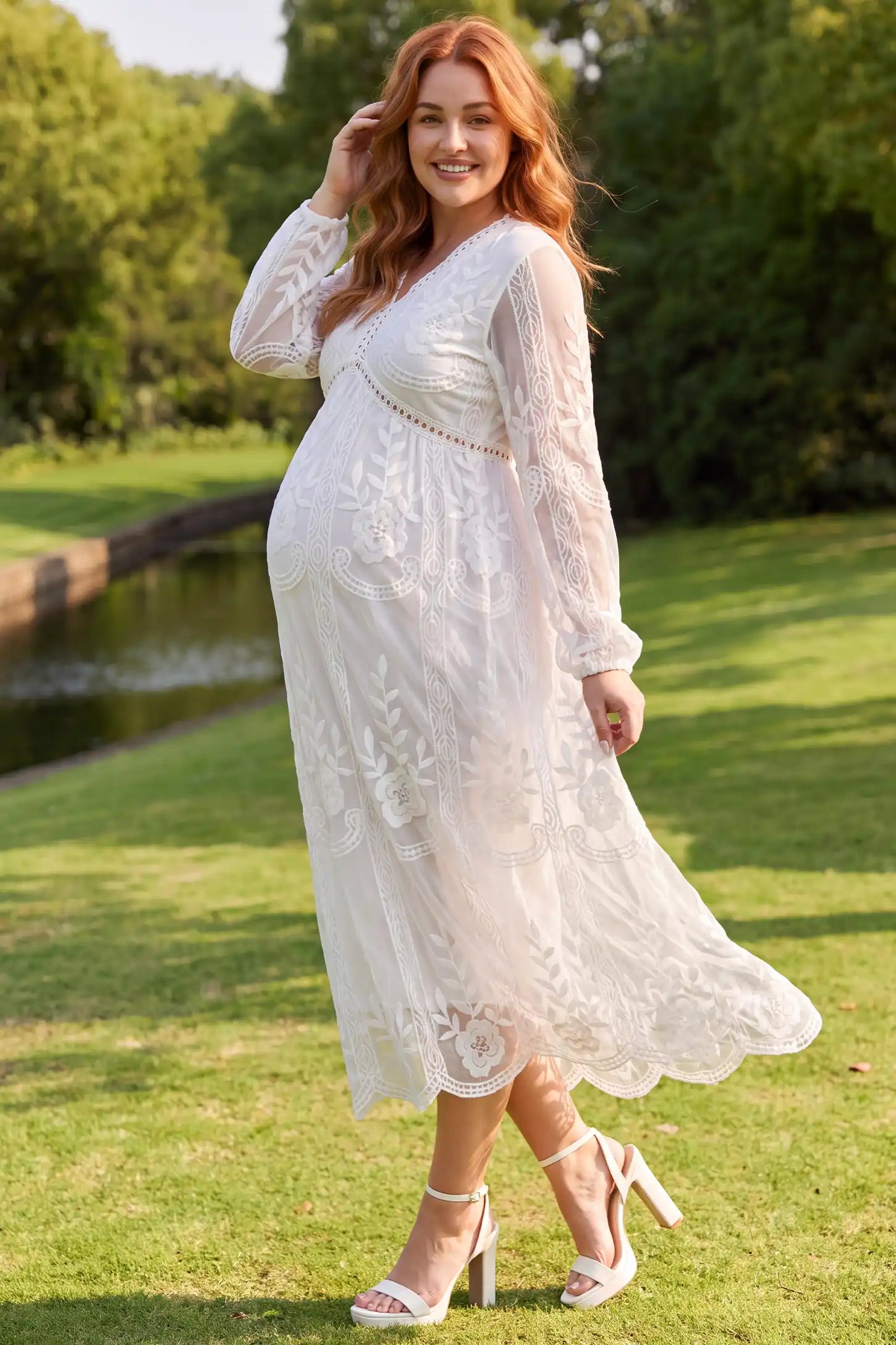V-Neck Long Sleeve Lace Maternity Dress