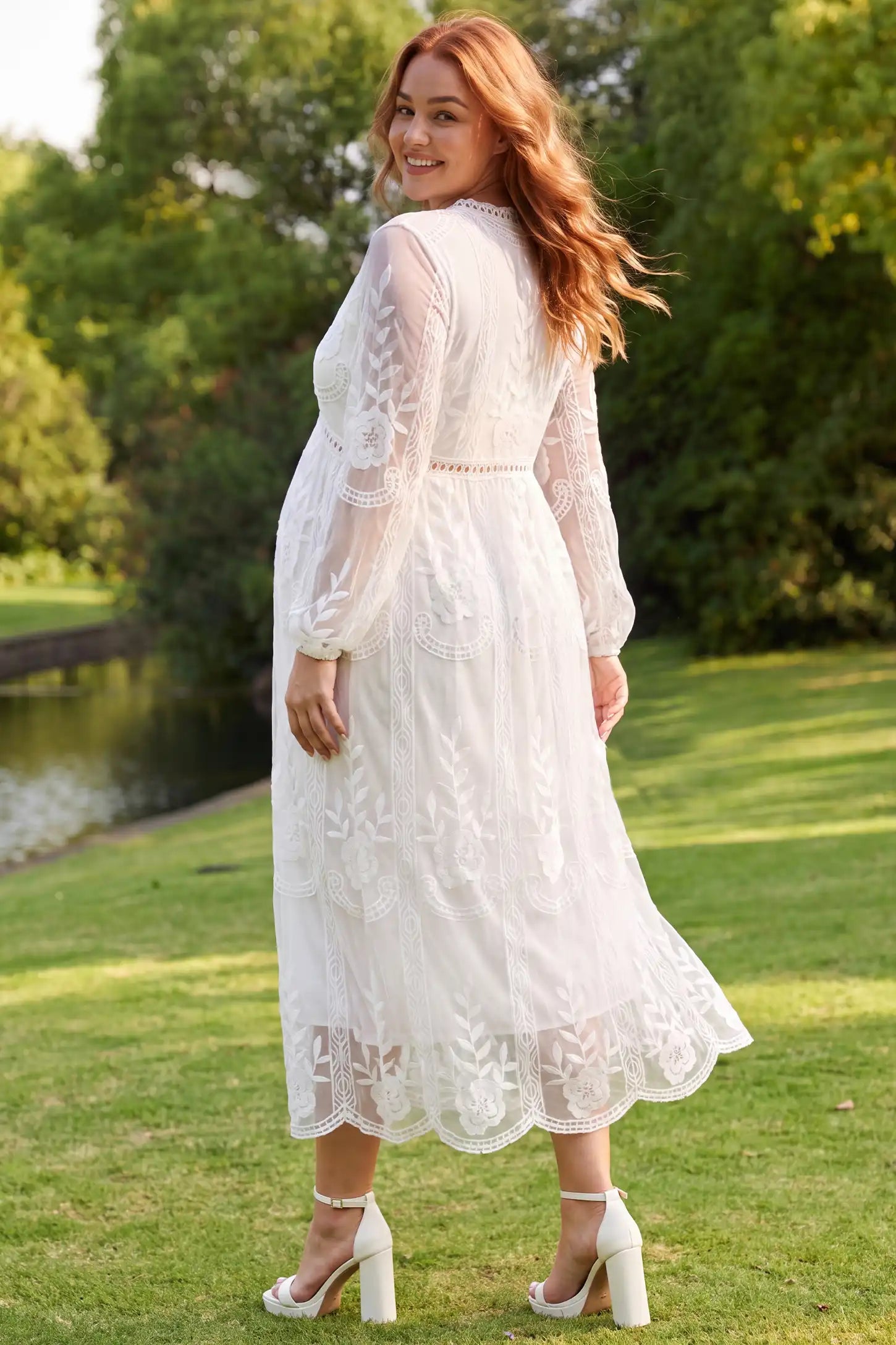 V-Neck Long Sleeve Lace Maternity Dress