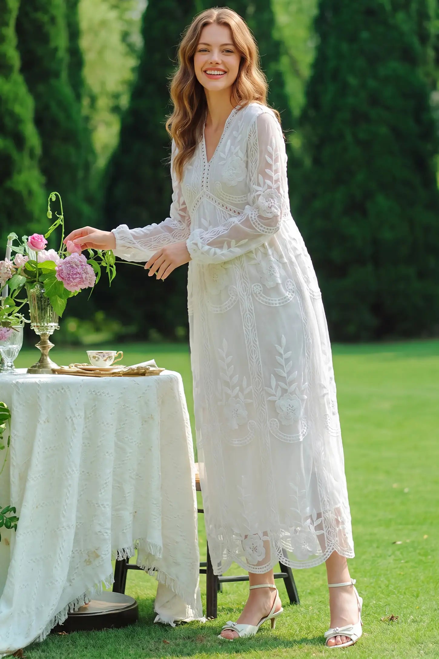 V-Neck Long Sleeve Lace Maternity Dress