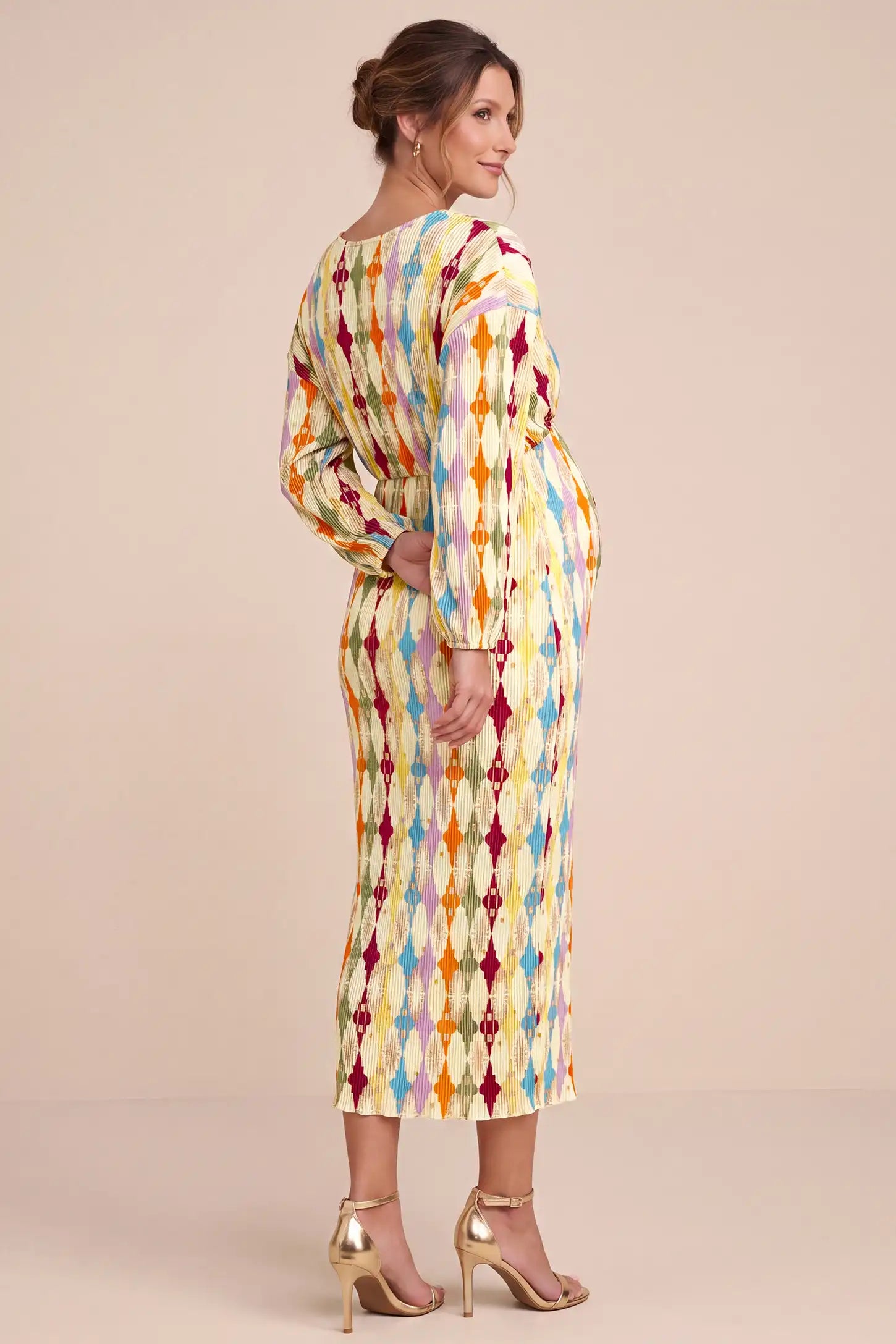 Cream Multi Geo V-Neck Pleated Maternity Dress