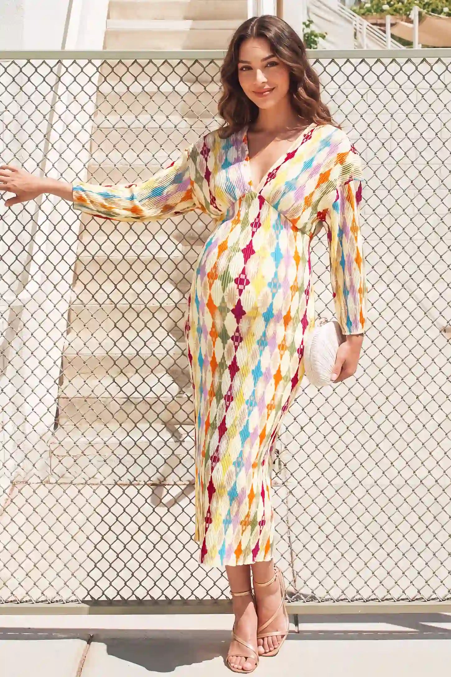 Cream Multi Geo V-Neck Pleated Maternity Dress