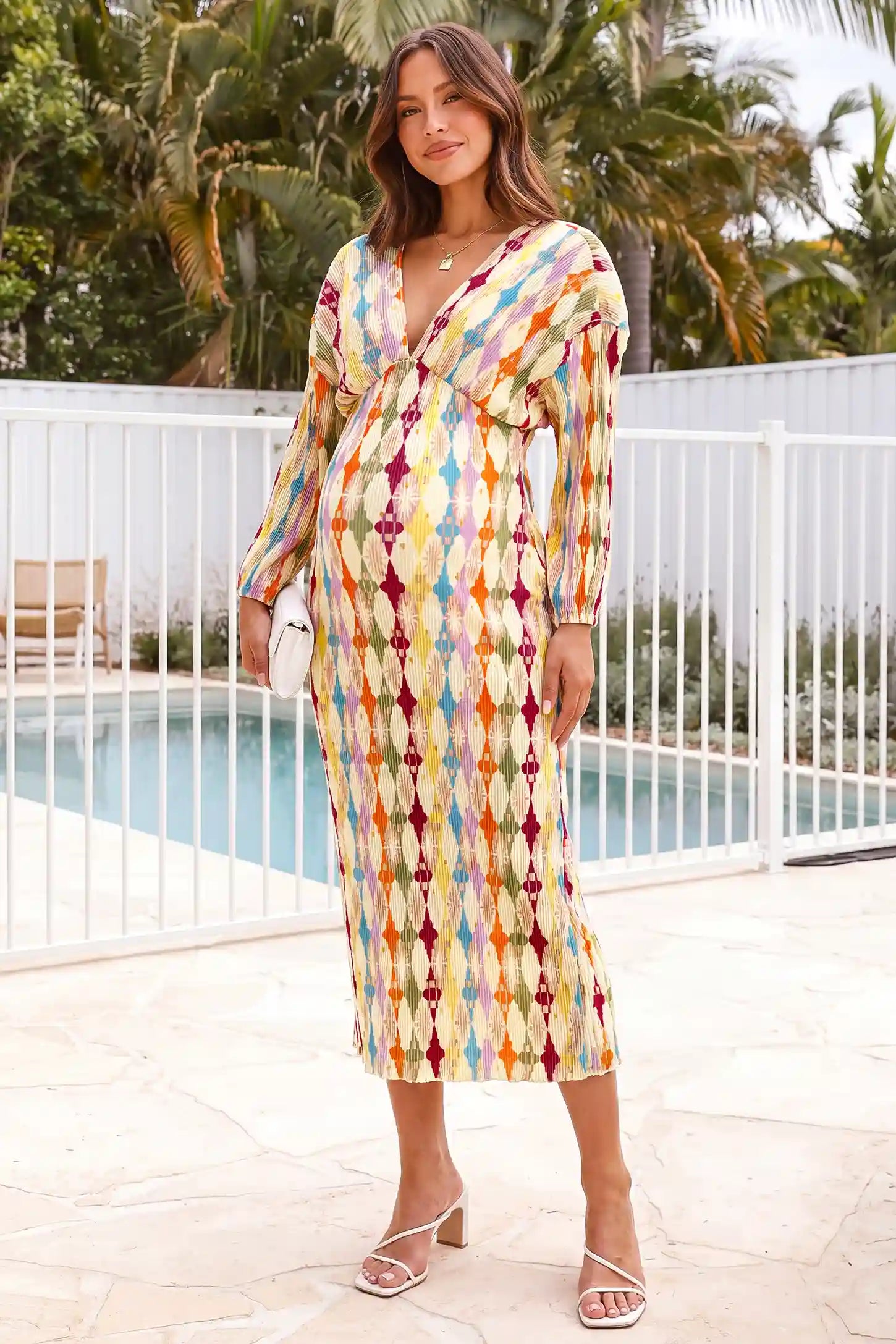 Cream Multi Geo V-Neck Pleated Maternity Dress