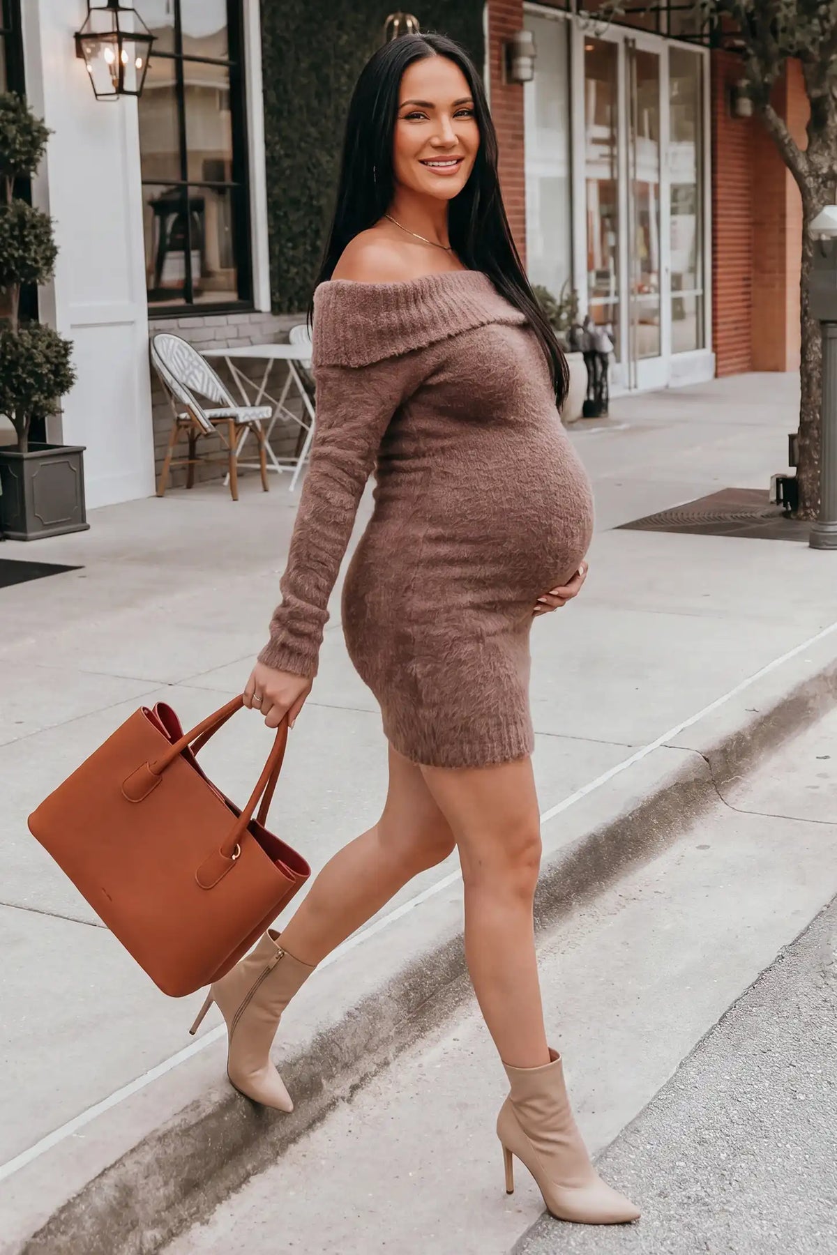 Off Shoulder Fuzzy Bodycon Maternity Mini Dress