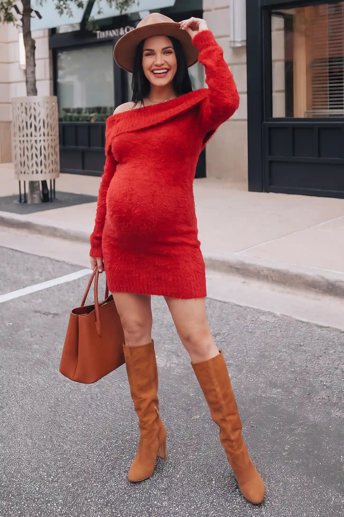Off Shoulder Fuzzy Bodycon Maternity Mini Dress
