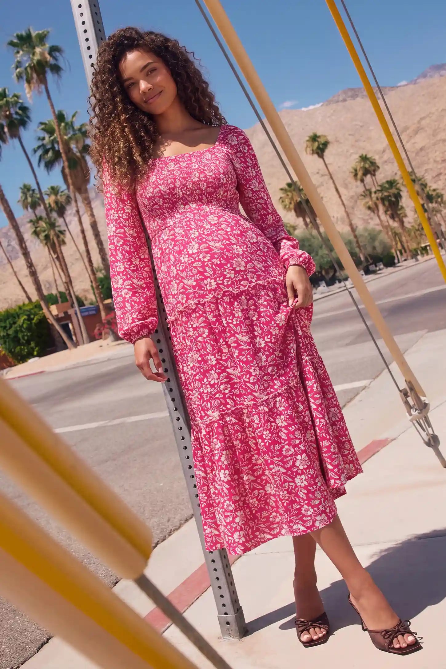 Long Sleeve Smocked Tiered Floral Maternity Maxi Dress