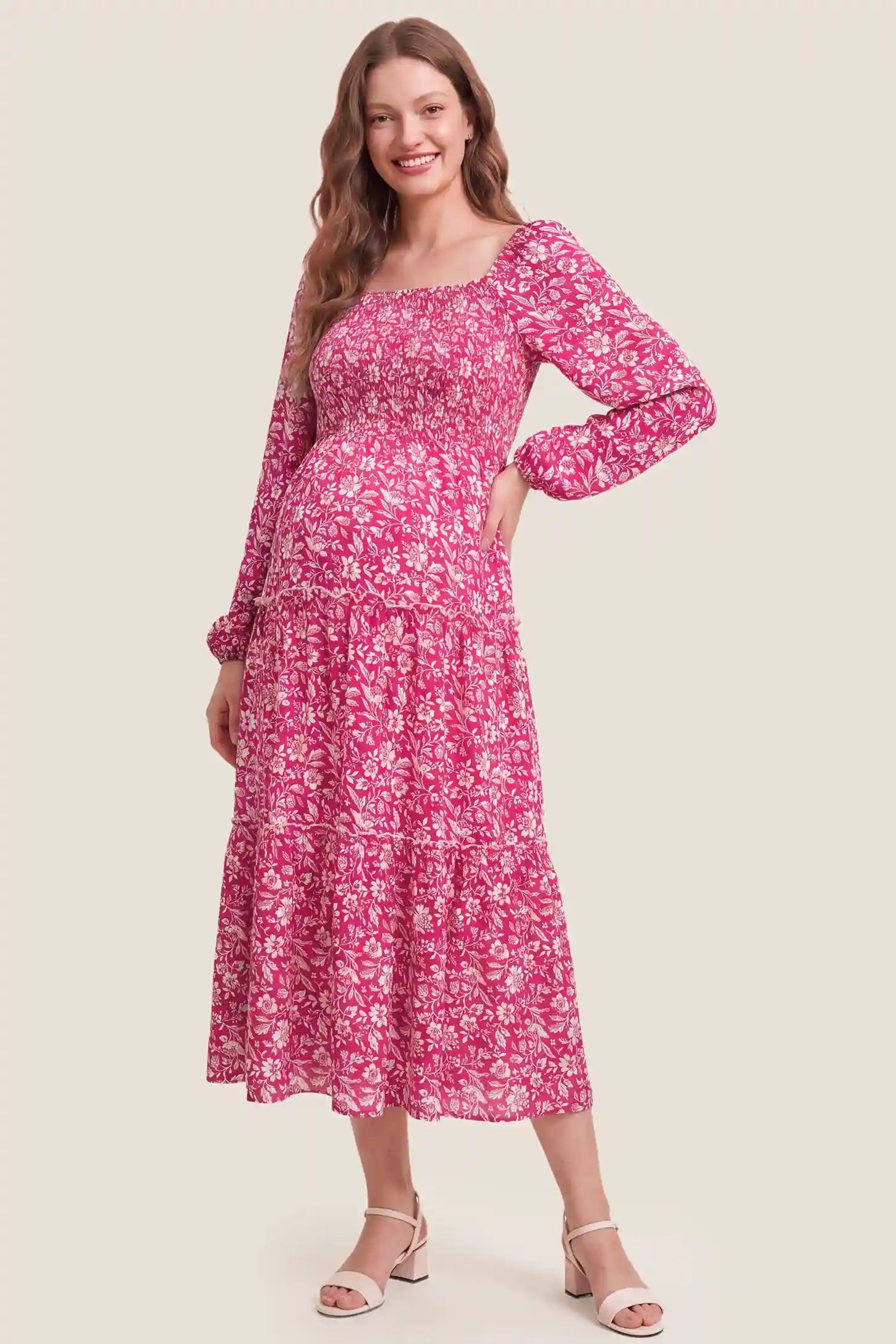 Long Sleeve Smocked Tiered Floral Maternity Maxi Dress
