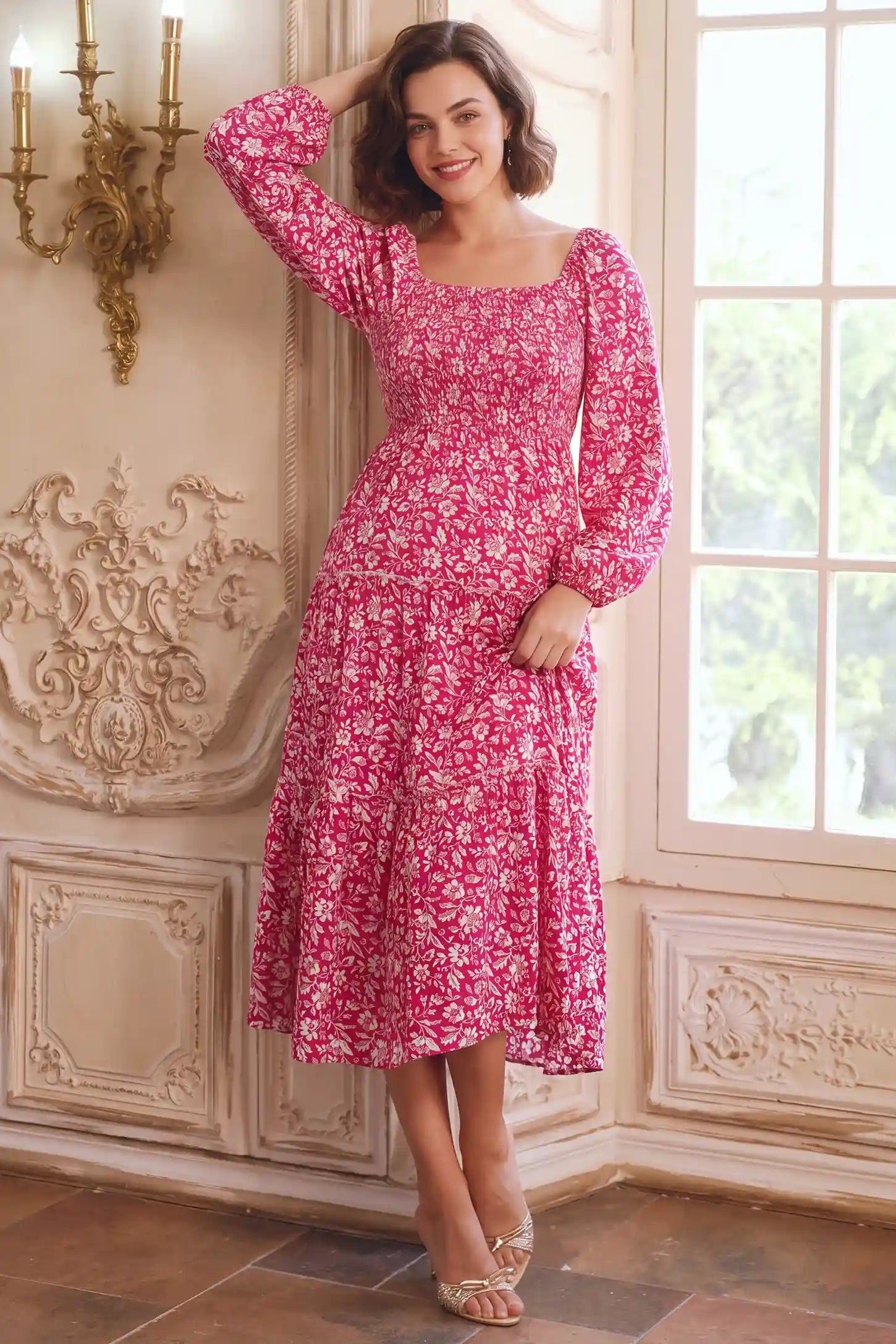 Long Sleeve Smocked Tiered Floral Maternity Maxi Dress