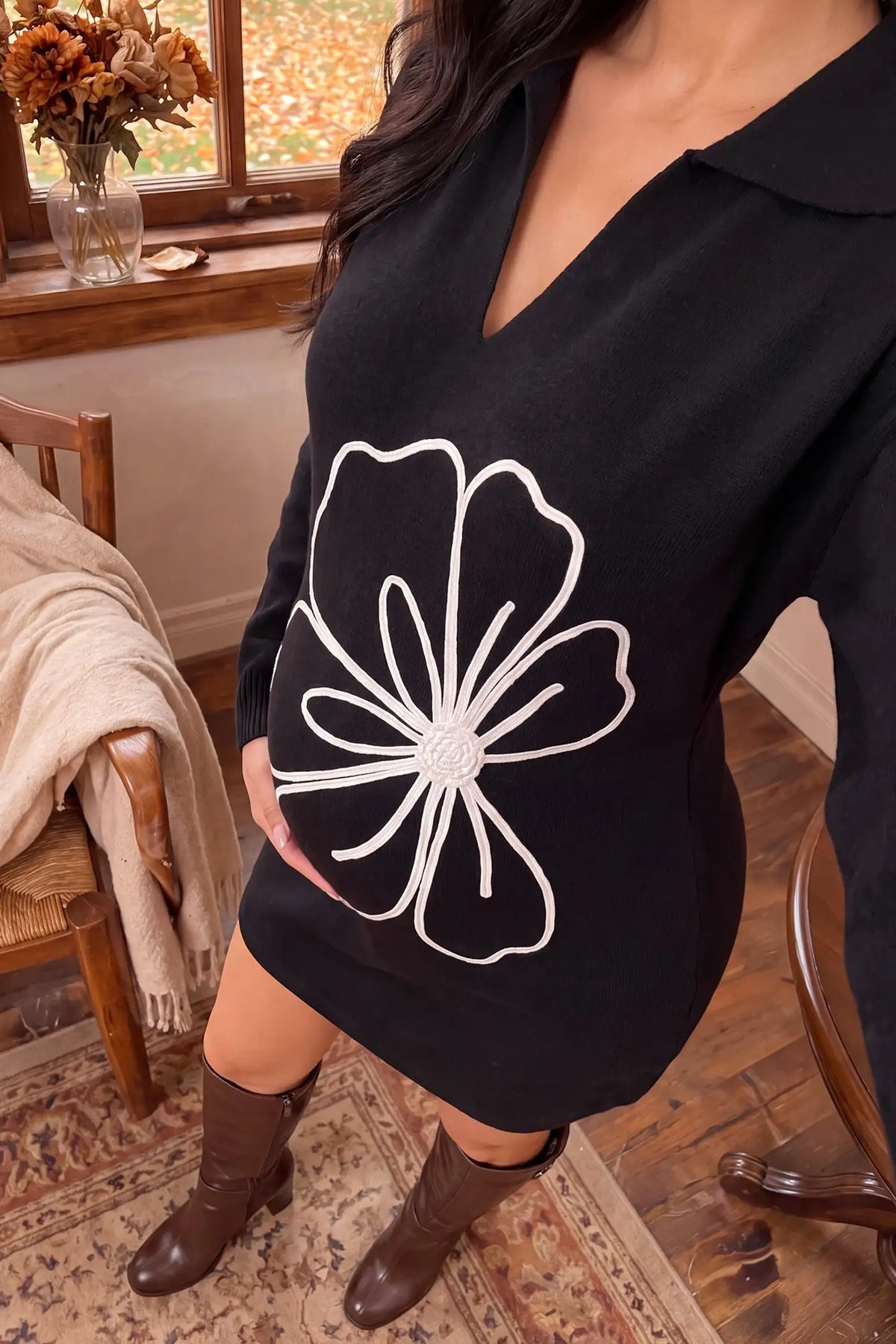 Polo Collar Floral Embroidered Maternity Mini Dress