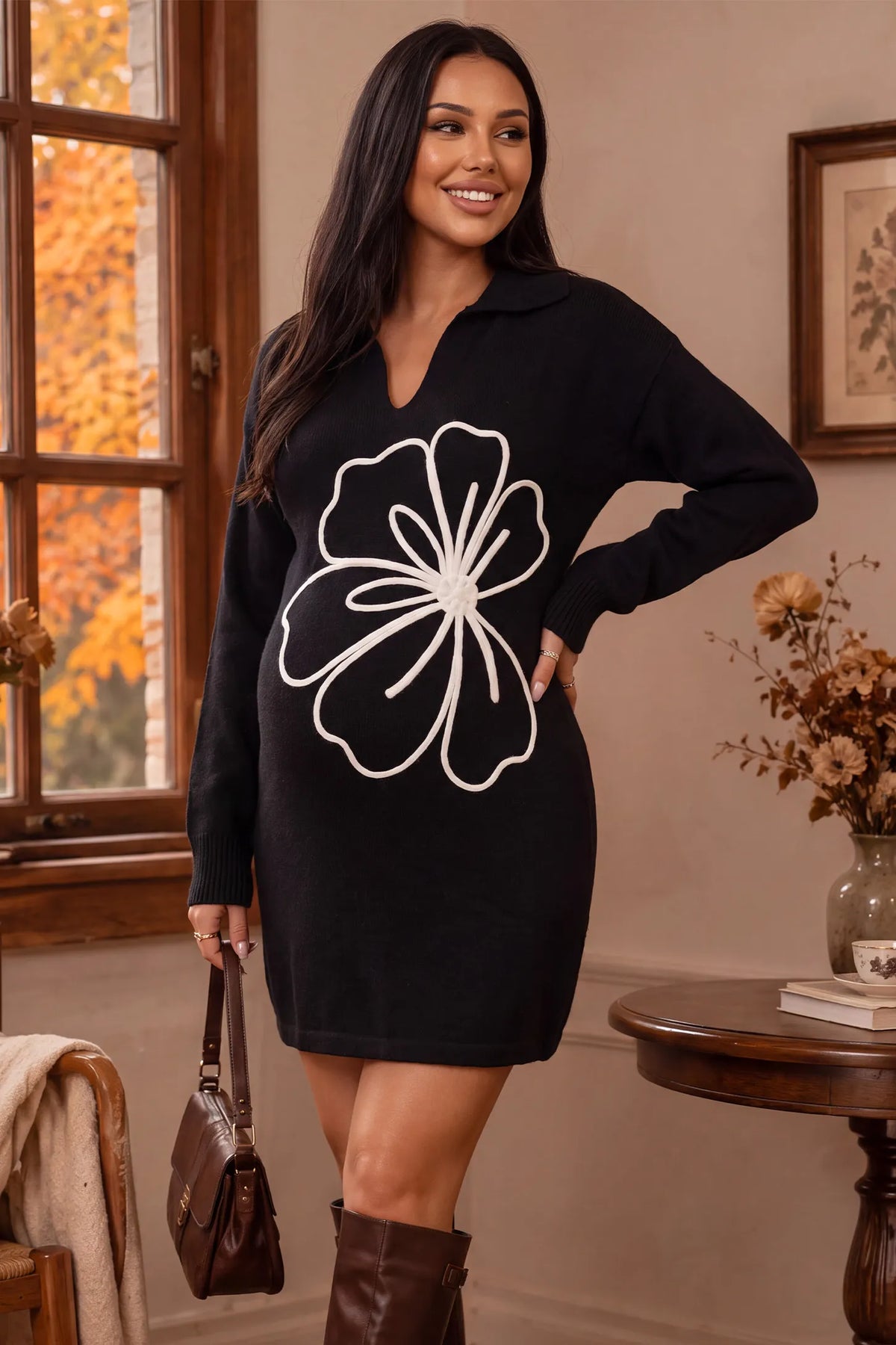 Polo Collar Floral Embroidered Maternity Mini Dress
