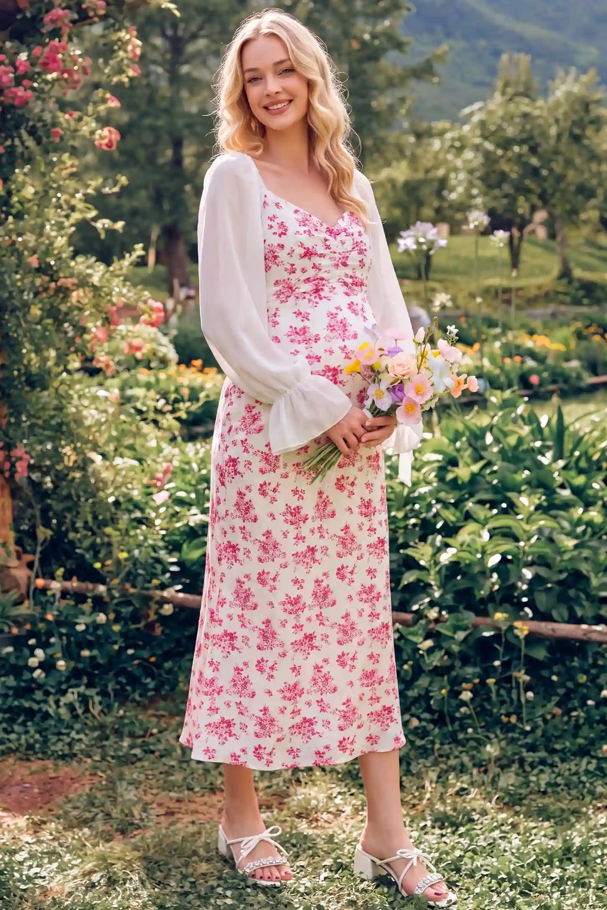 V Neck Flare Sleeve Floral Maternity Maxi Dress