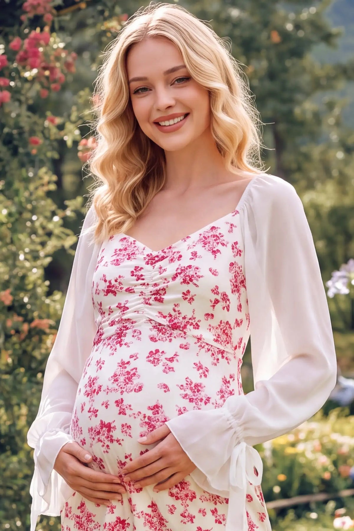 V Neck Flare Sleeve Floral Maternity Maxi Dress