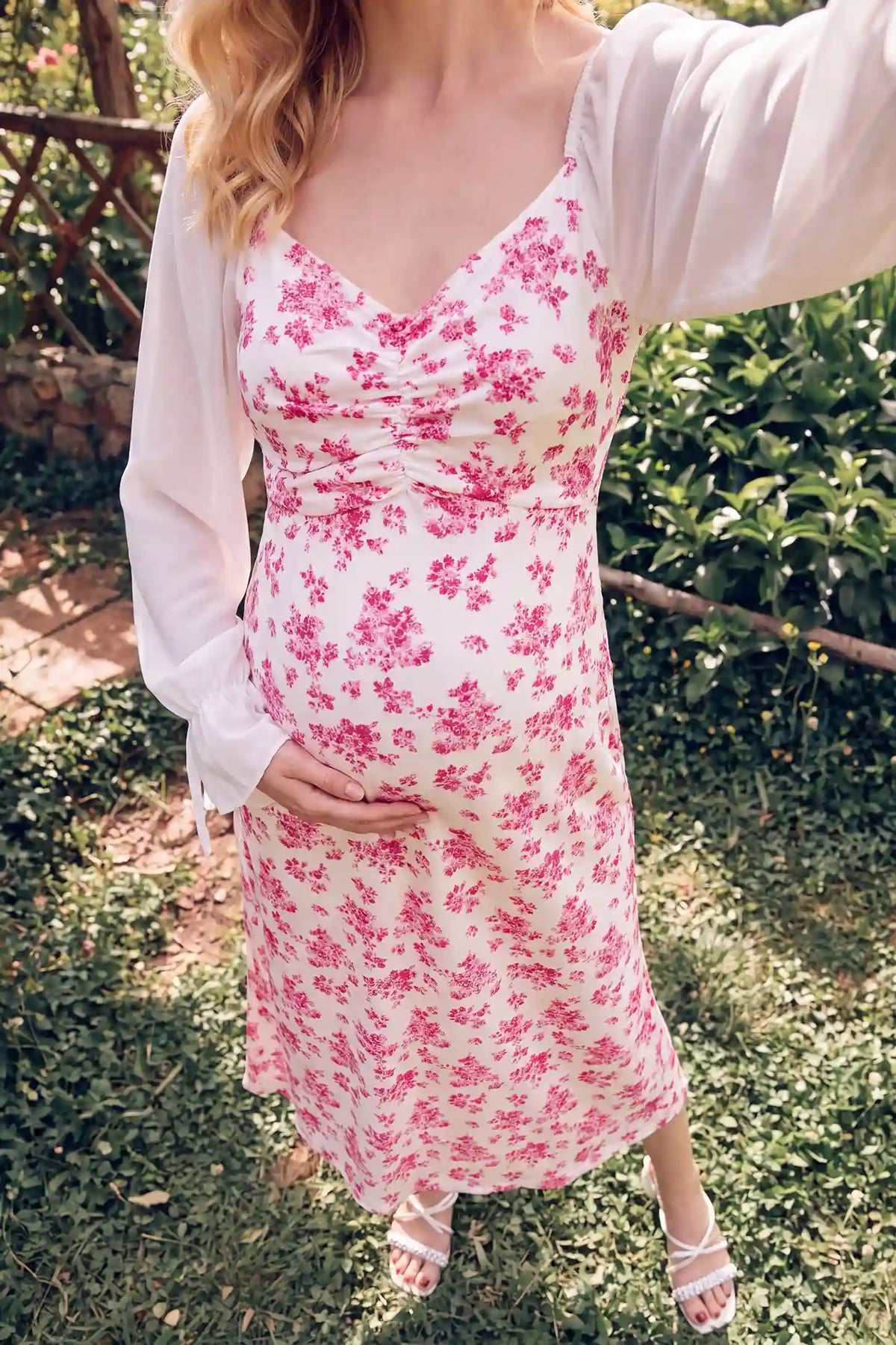 V Neck Flare Sleeve Floral Maternity Maxi Dress