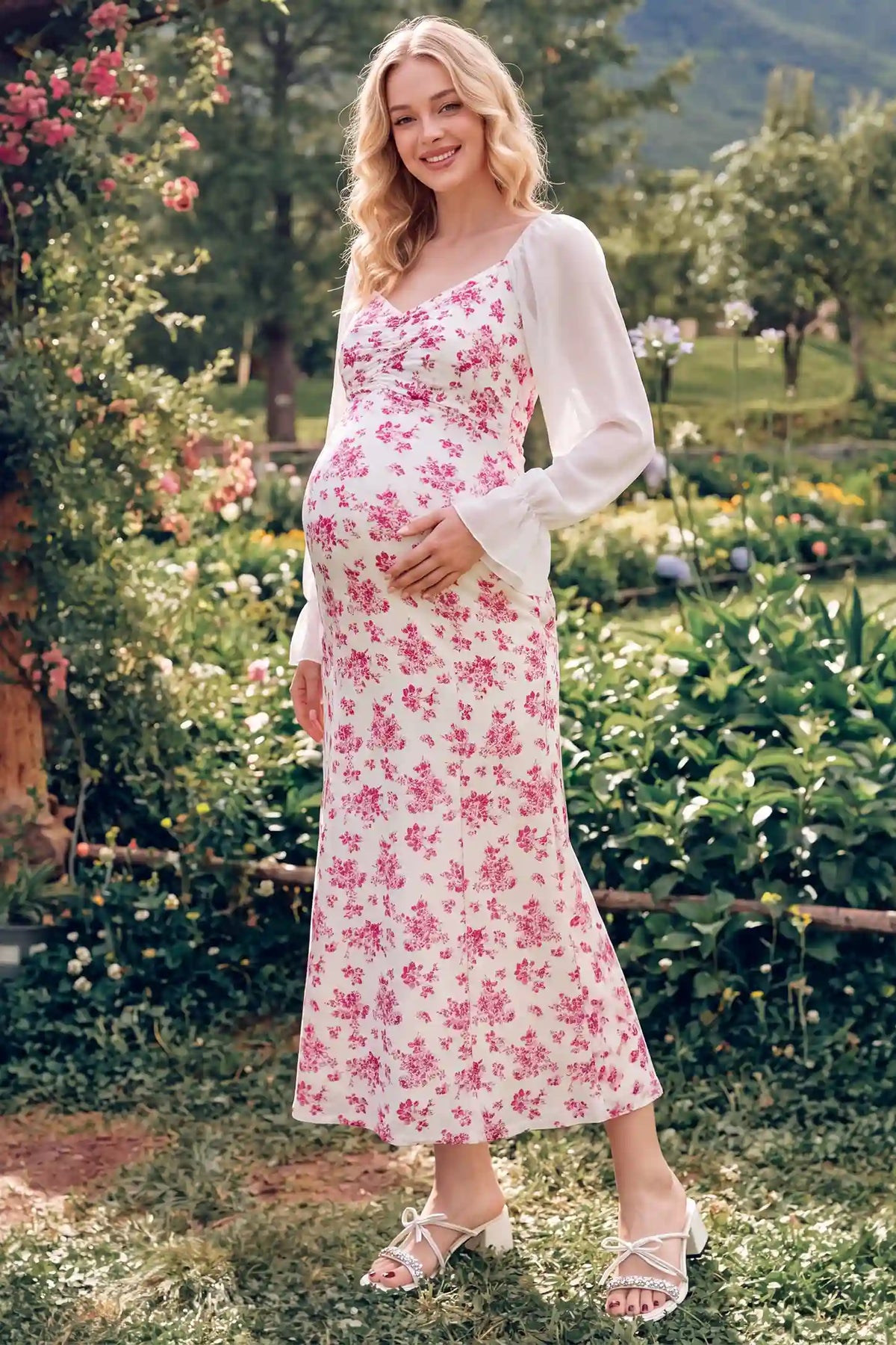 V Neck Flare Sleeve Floral Maternity Maxi Dress