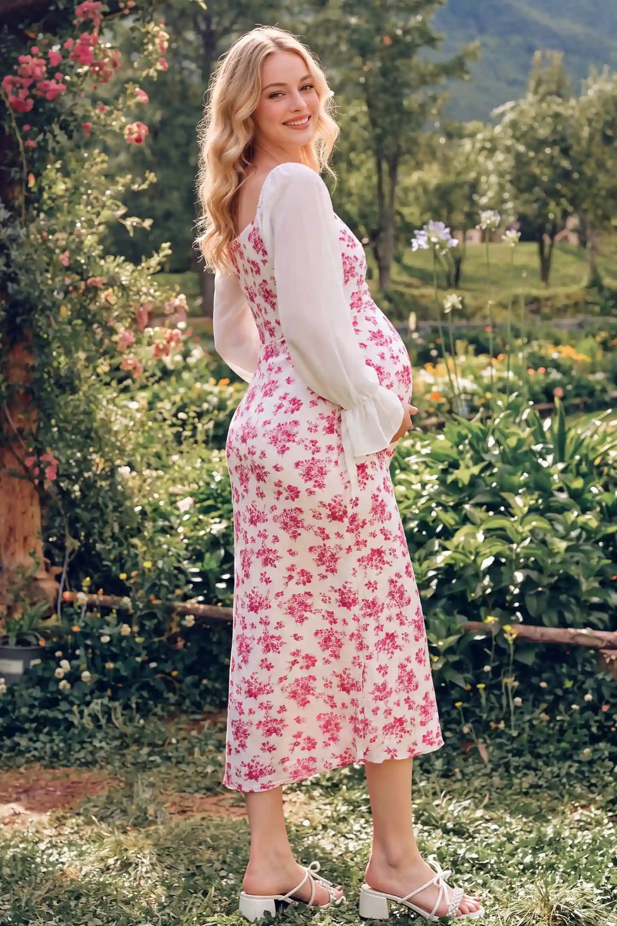 V Neck Flare Sleeve Floral Maternity Maxi Dress