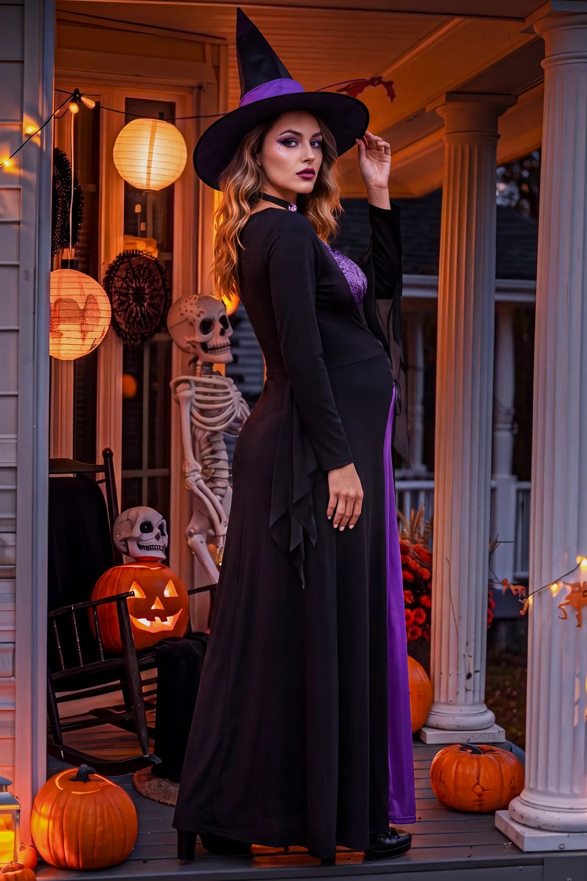 Square Neck Long Sleeve Halloween Witch Maternity Maxi Dress