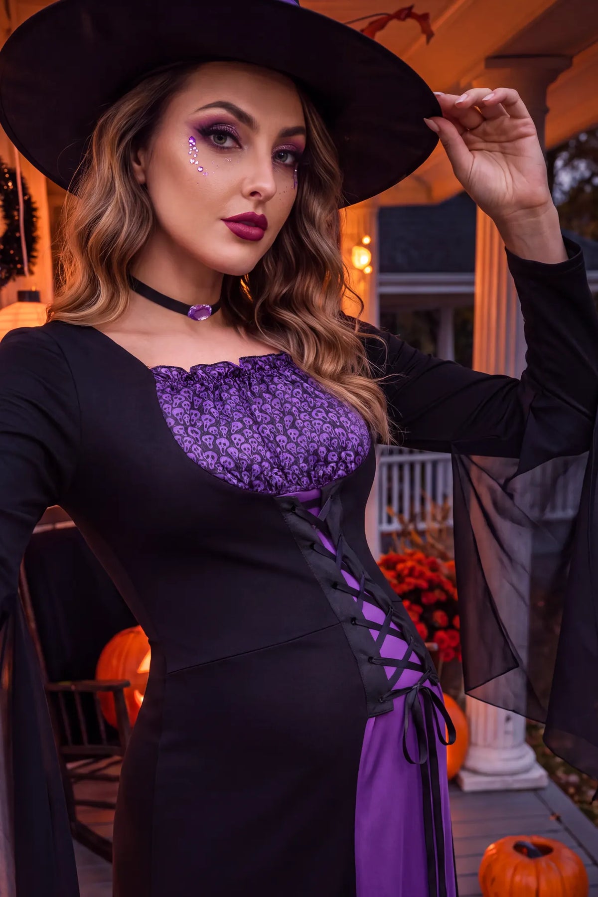 Square Neck Long Sleeve Halloween Witch Maternity Maxi Dress