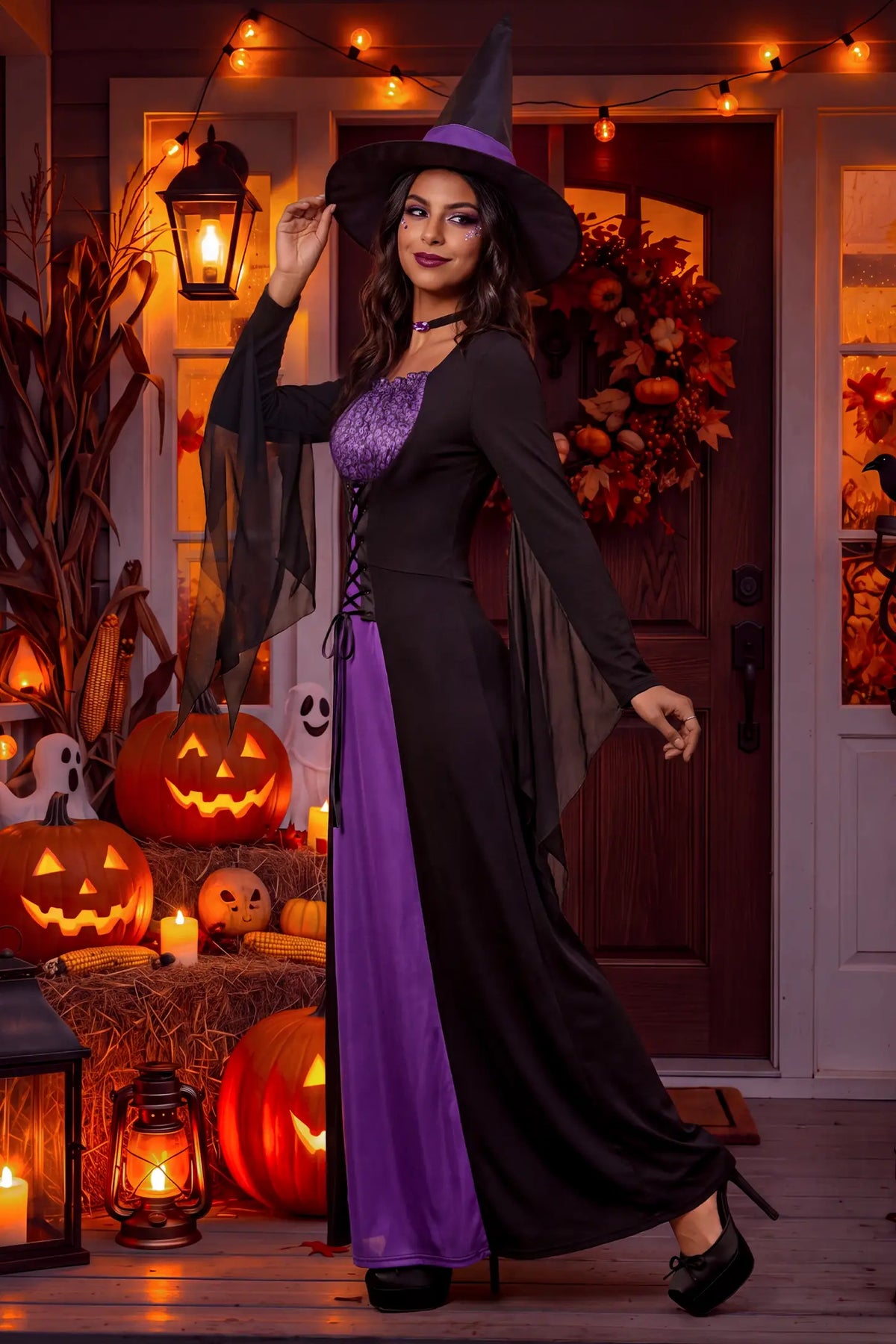 Square Neck Long Sleeve Halloween Witch Maternity Maxi Dress