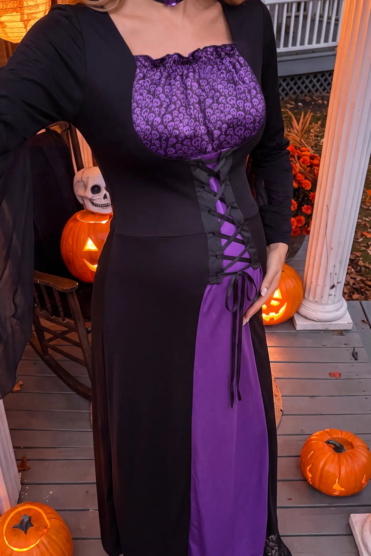 Square Neck Long Sleeve Halloween Witch Maternity Maxi Dress