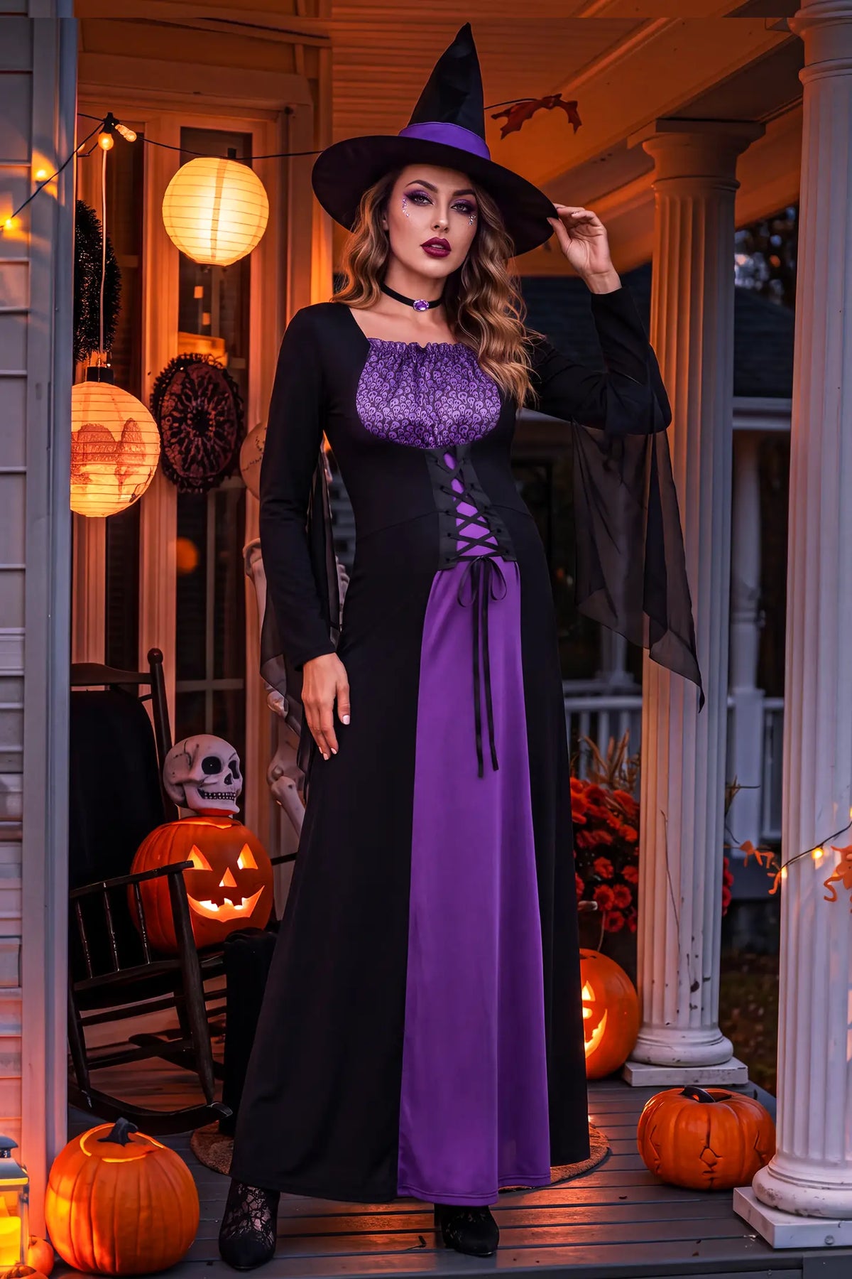 Square Neck Long Sleeve Halloween Witch Maternity Maxi Dress