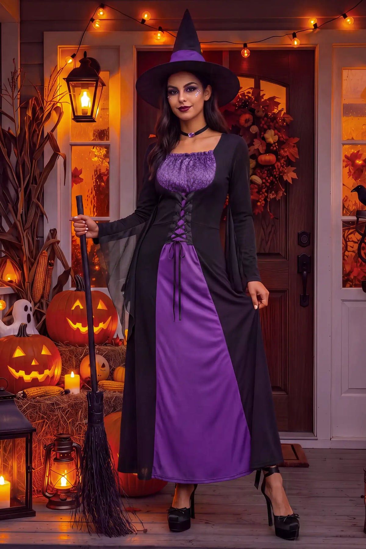 Square Neck Long Sleeve Halloween Witch Maternity Maxi Dress