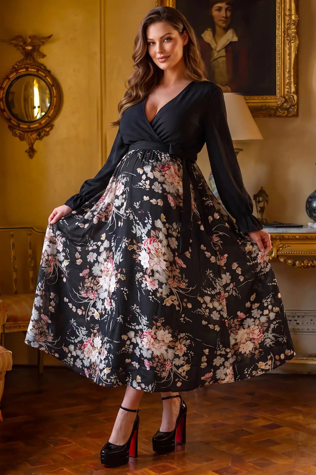 V Neck Long Sleeve Floral Maternity Maxi Dress