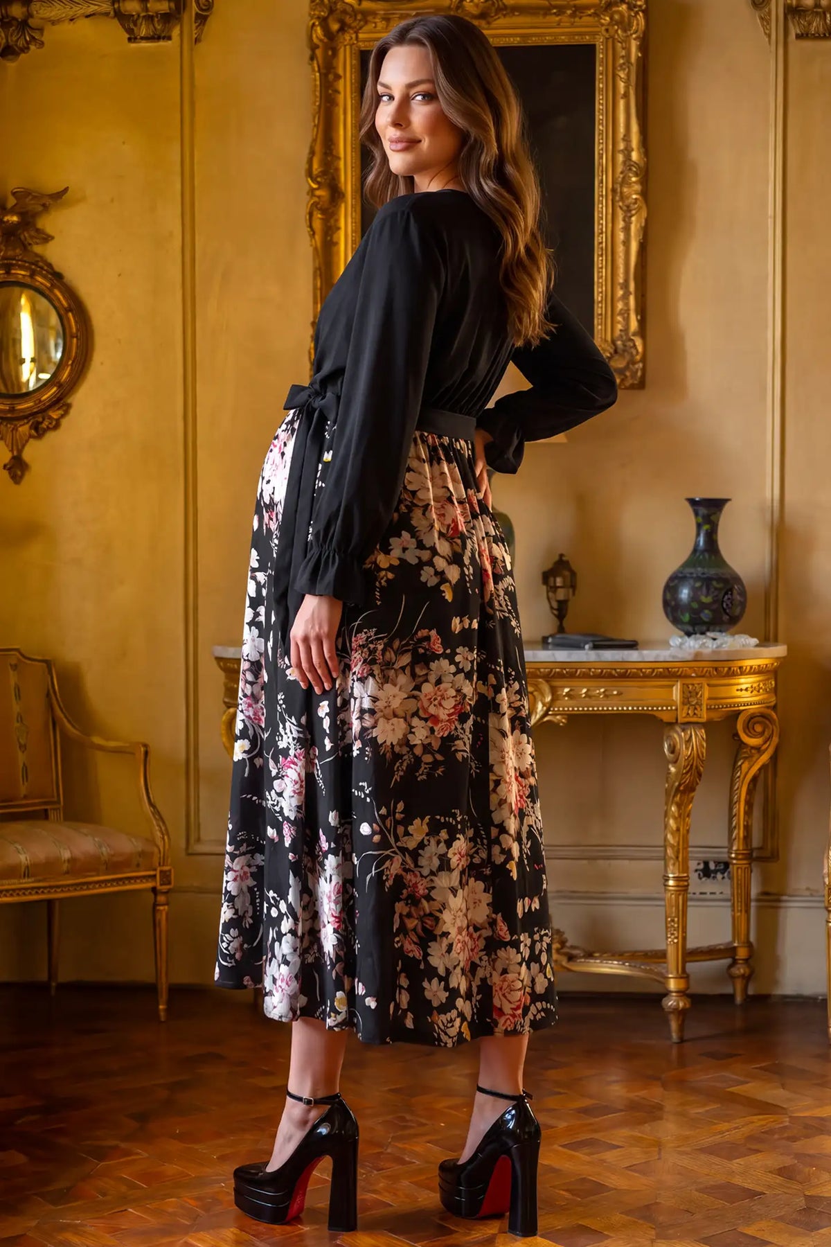 V Neck Long Sleeve Floral Maternity Maxi Dress