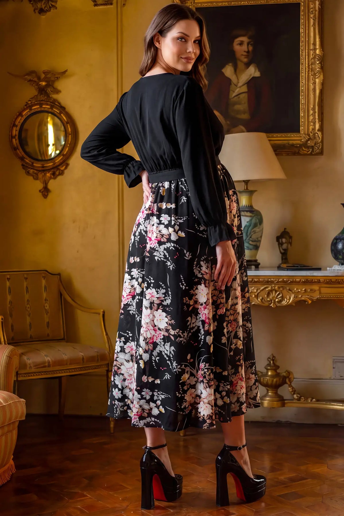 V Neck Long Sleeve Floral Maternity Maxi Dress