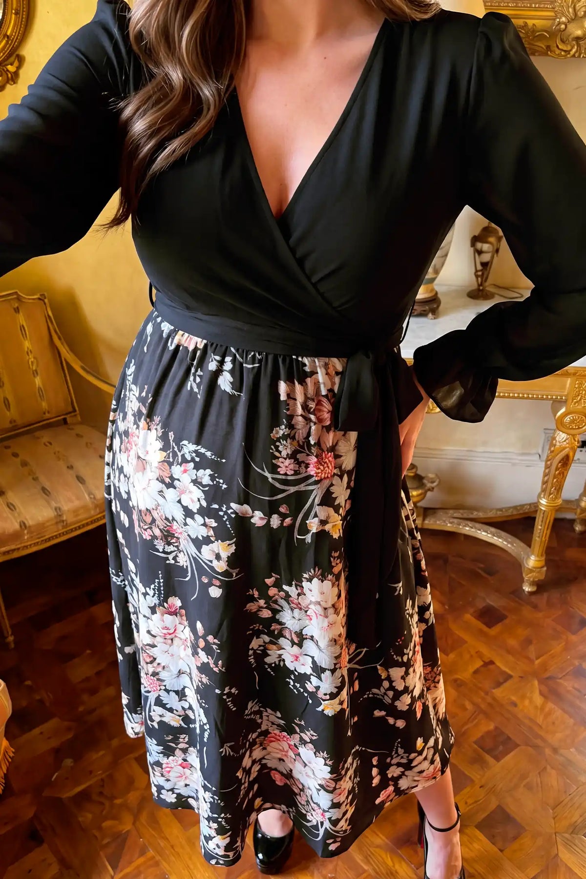 V Neck Long Sleeve Floral Maternity Maxi Dress