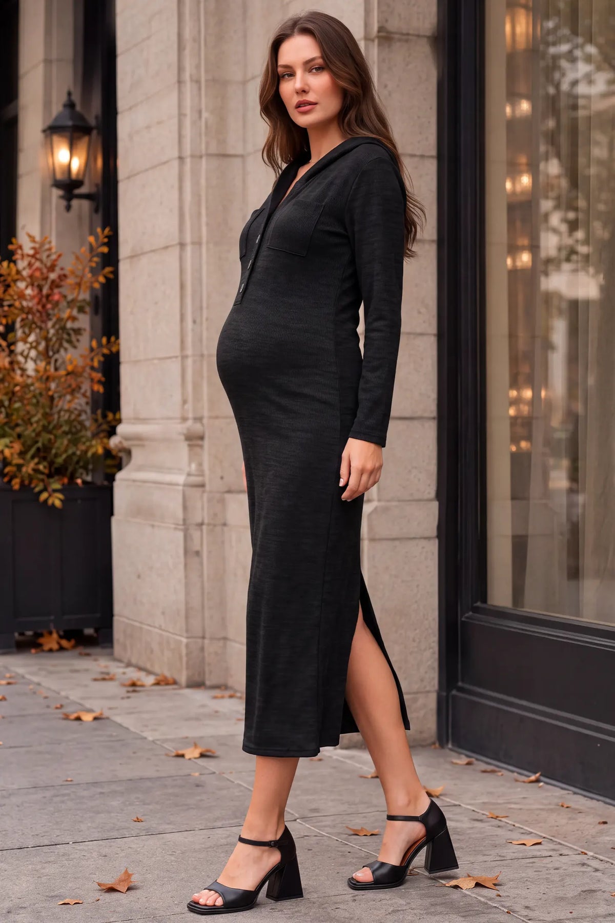 Hooded Button Front Maternity Maxi Dress