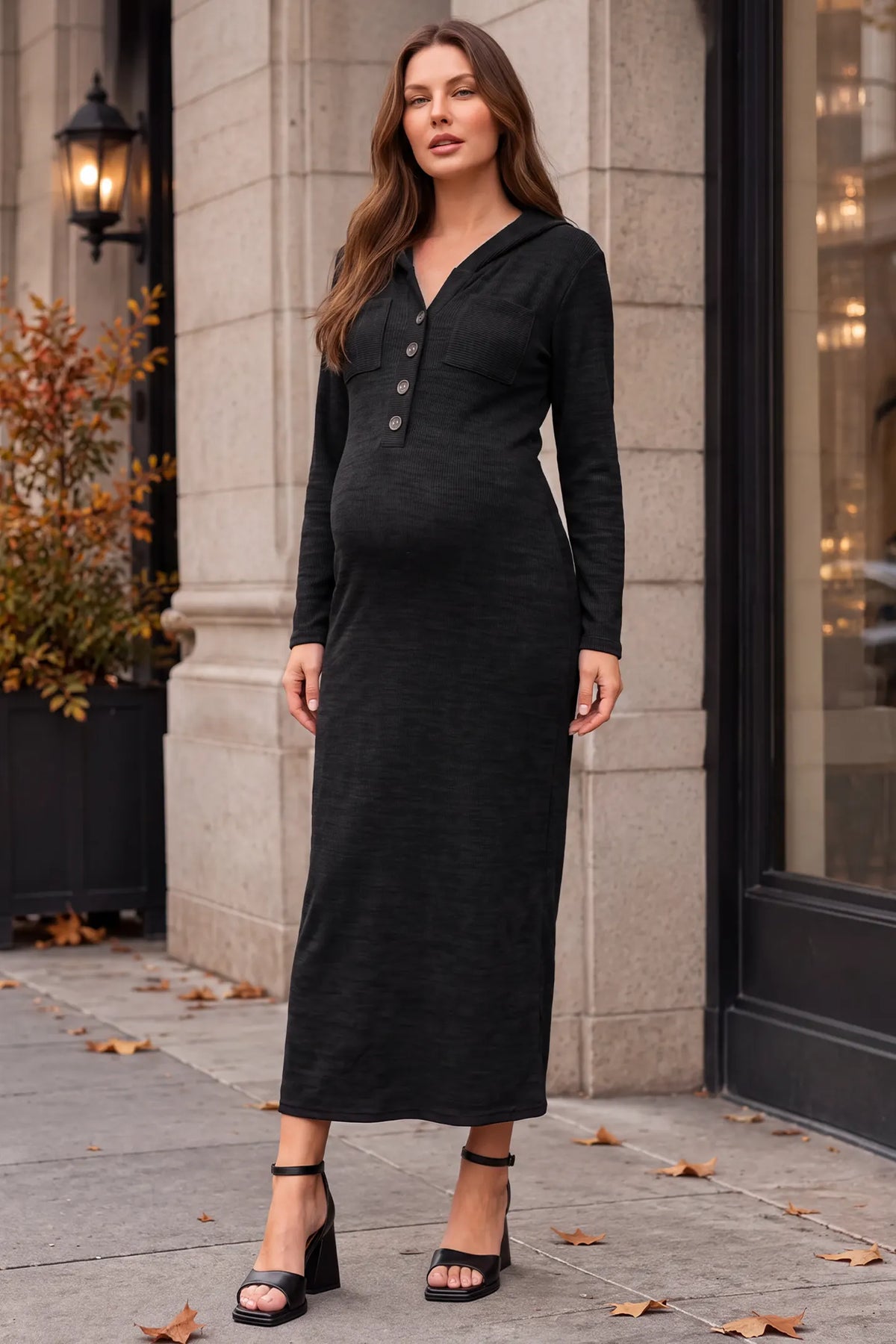 Hooded Button Front Maternity Maxi Dress