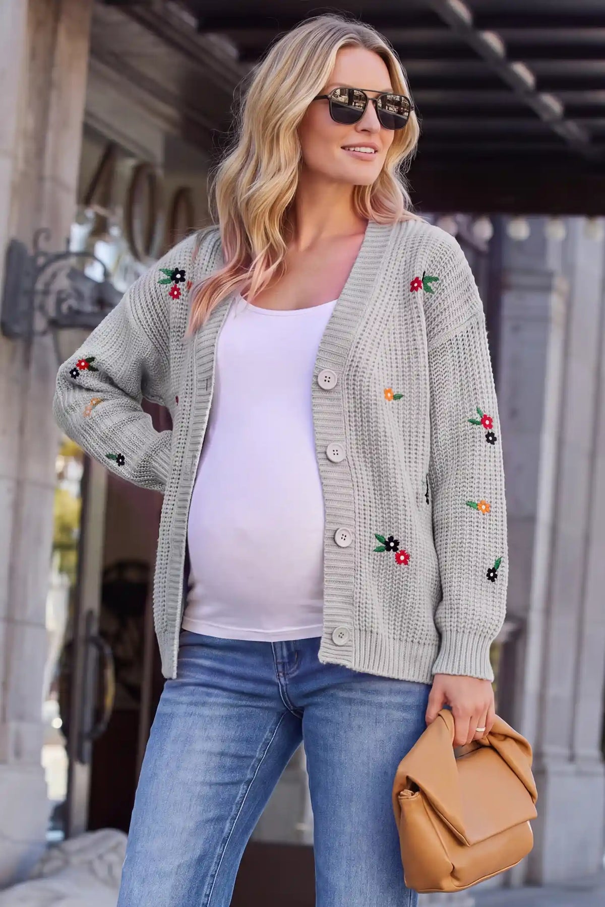 3D Floral Embroidered Knit Maternity Cardigan