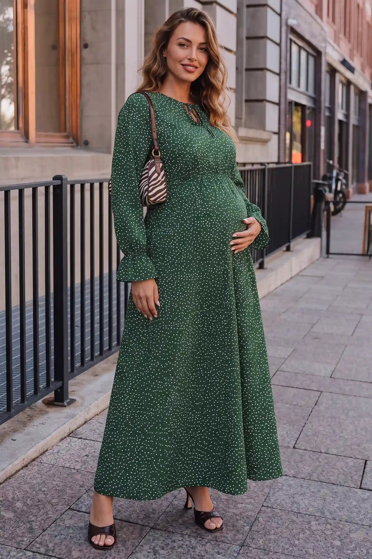 Long Sleeve Polka Dot Maternity Maxi Dress